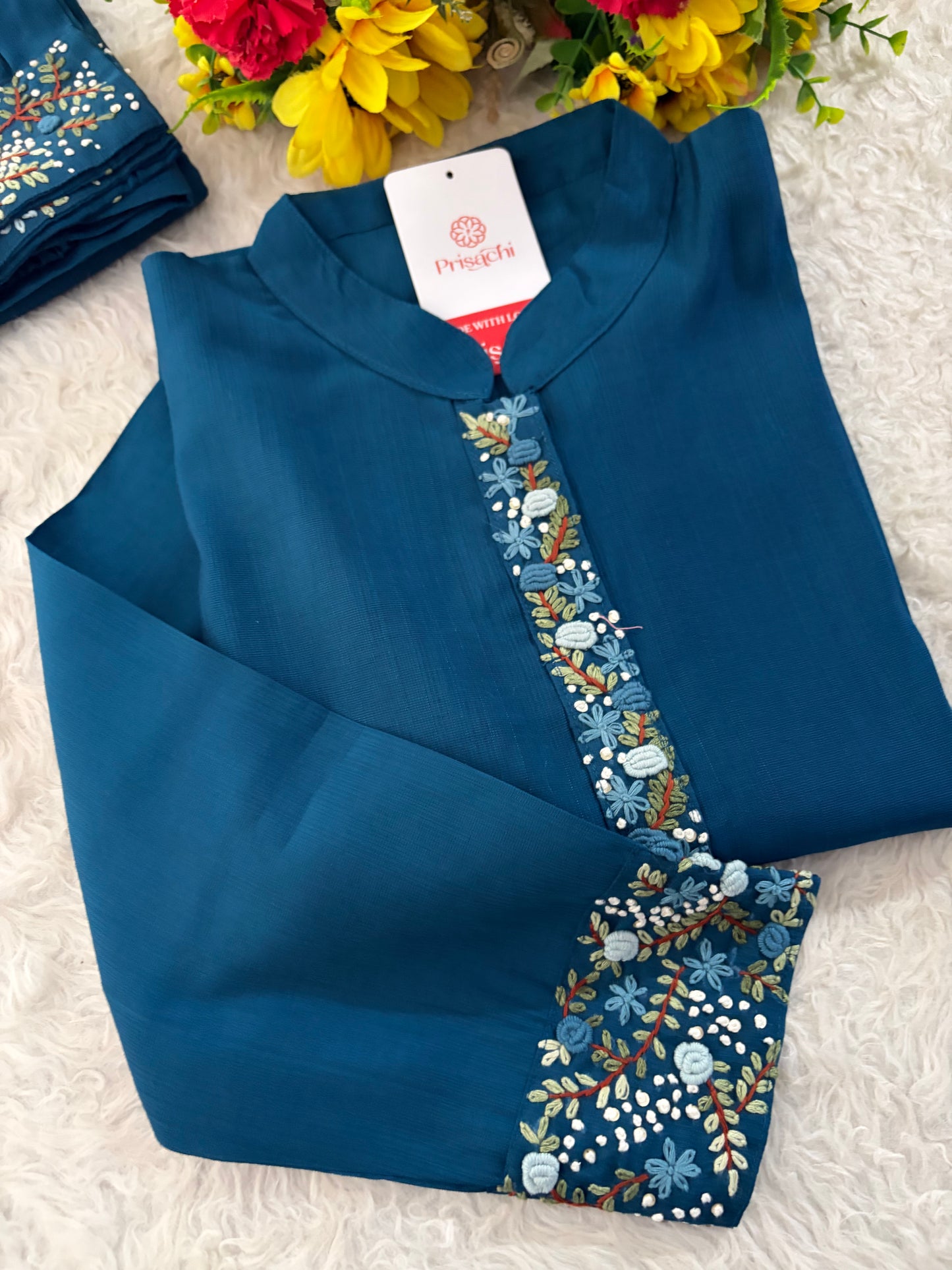 Navy Blue Thread Embroidered collar Kurta with Pant Co-Ord Set | Ethnic Office & Daily Wear
