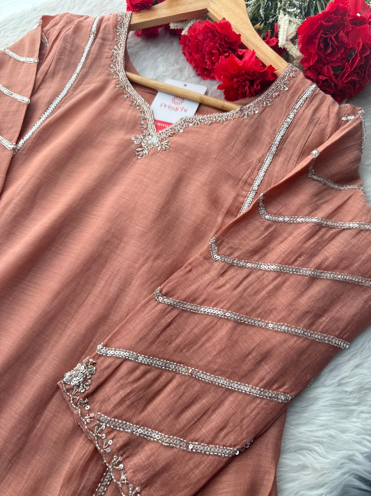 Peach A-Line Embroidered Ethnic Kurta Set for Women with Pants & Dupatta - Prisachi Official
