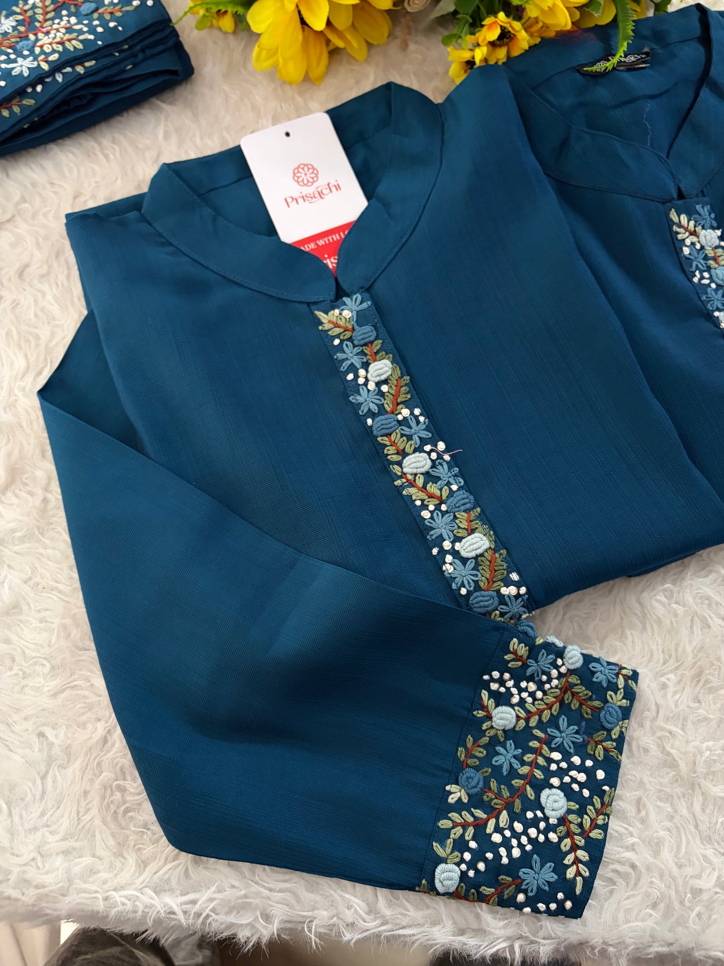 Navy Blue Thread Embroidered collar Kurta with Pant Co-Ord Set | Ethnic Office & Daily Wear