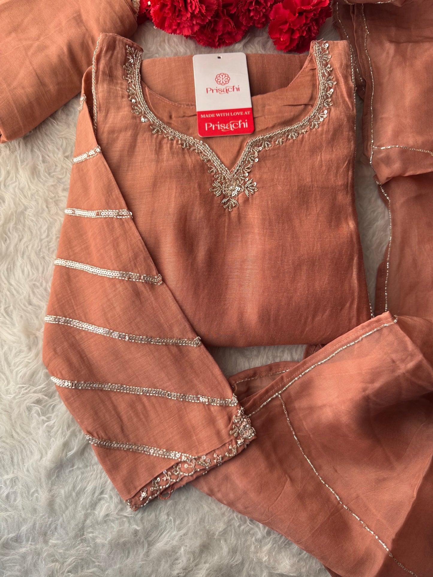 Peach A-Line Embroidered Ethnic Kurta Set for Women with Pants & Dupatta - Prisachi Official