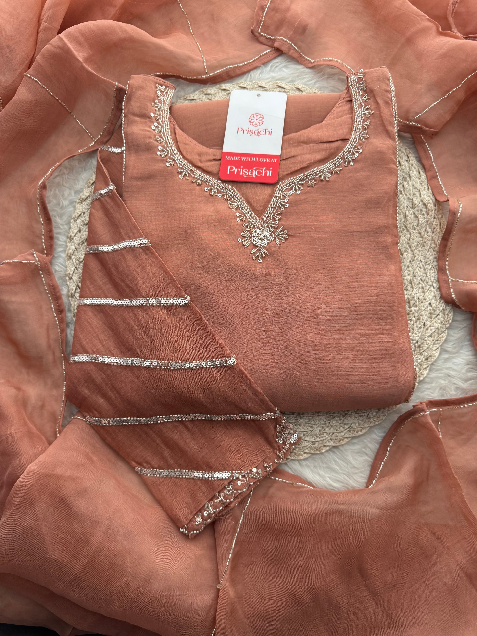 Peach A-Line Embroidered Ethnic Kurta Set for Women with Pants & Dupatta - Prisachi Official