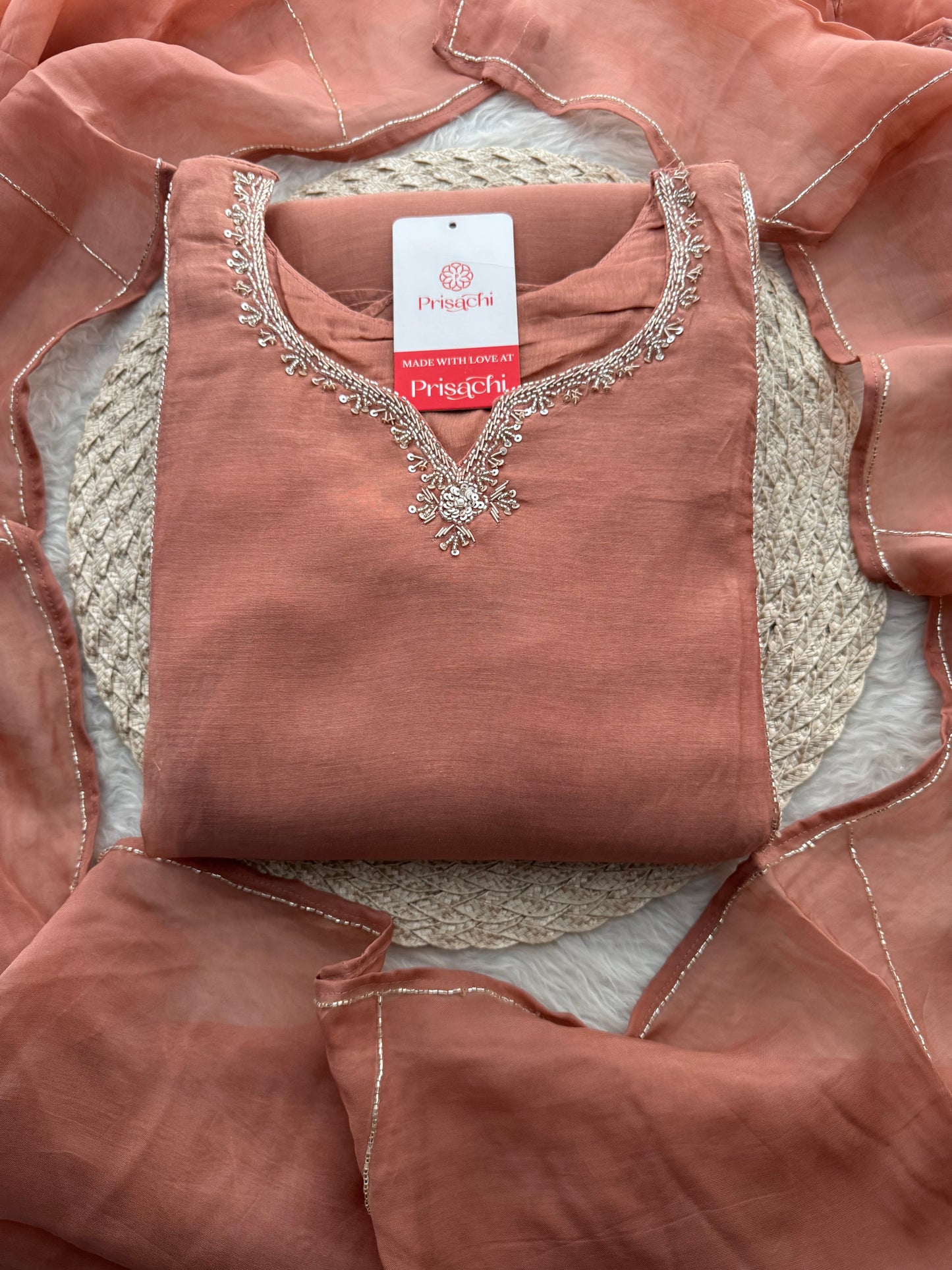 Peach A-Line Embroidered Ethnic Kurta Set for Women with Pants & Dupatta - Prisachi Official