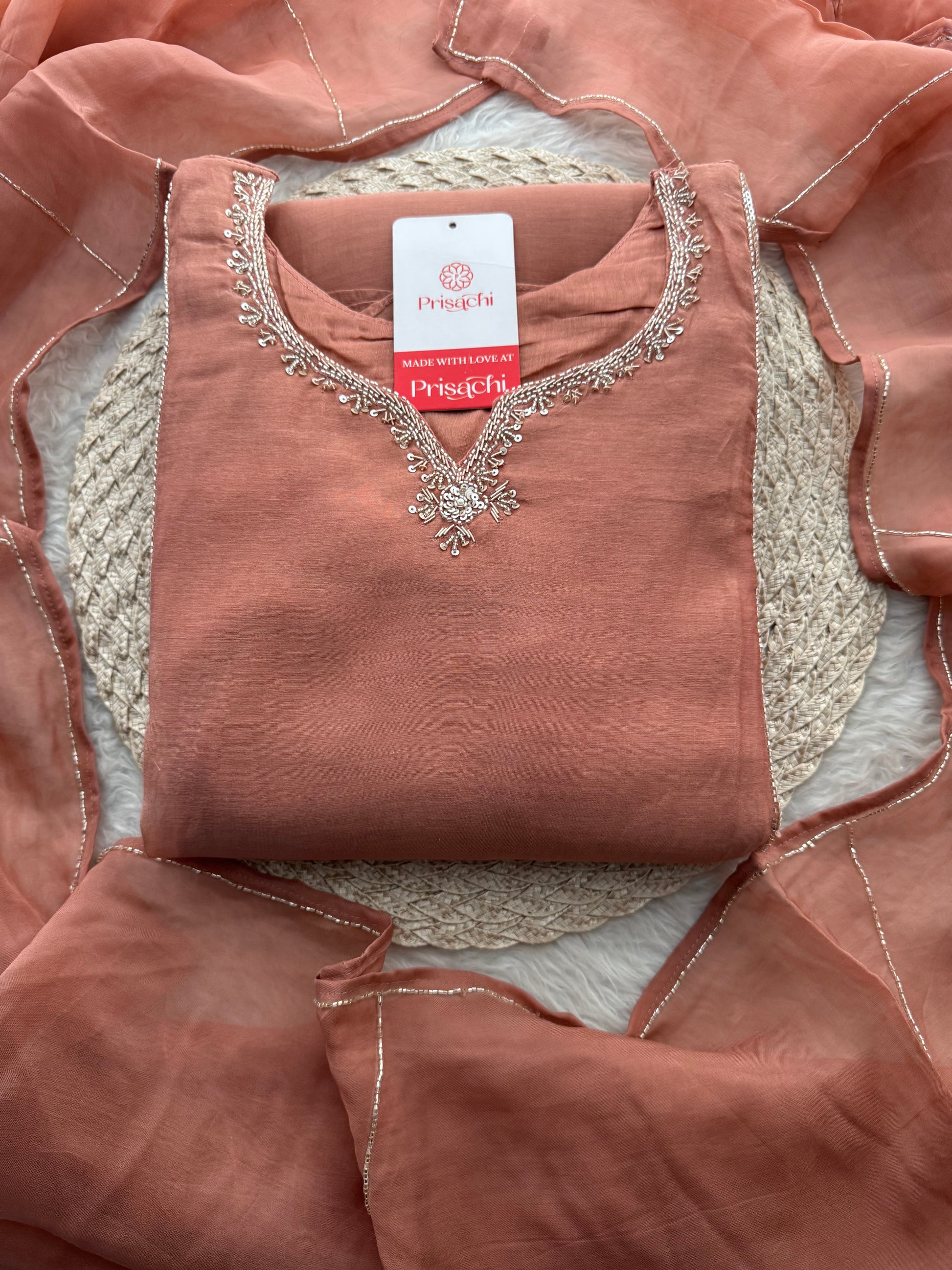 Peach A-Line Embroidered Ethnic Kurta Set for Women with Pants & Dupatta - Prisachi Official