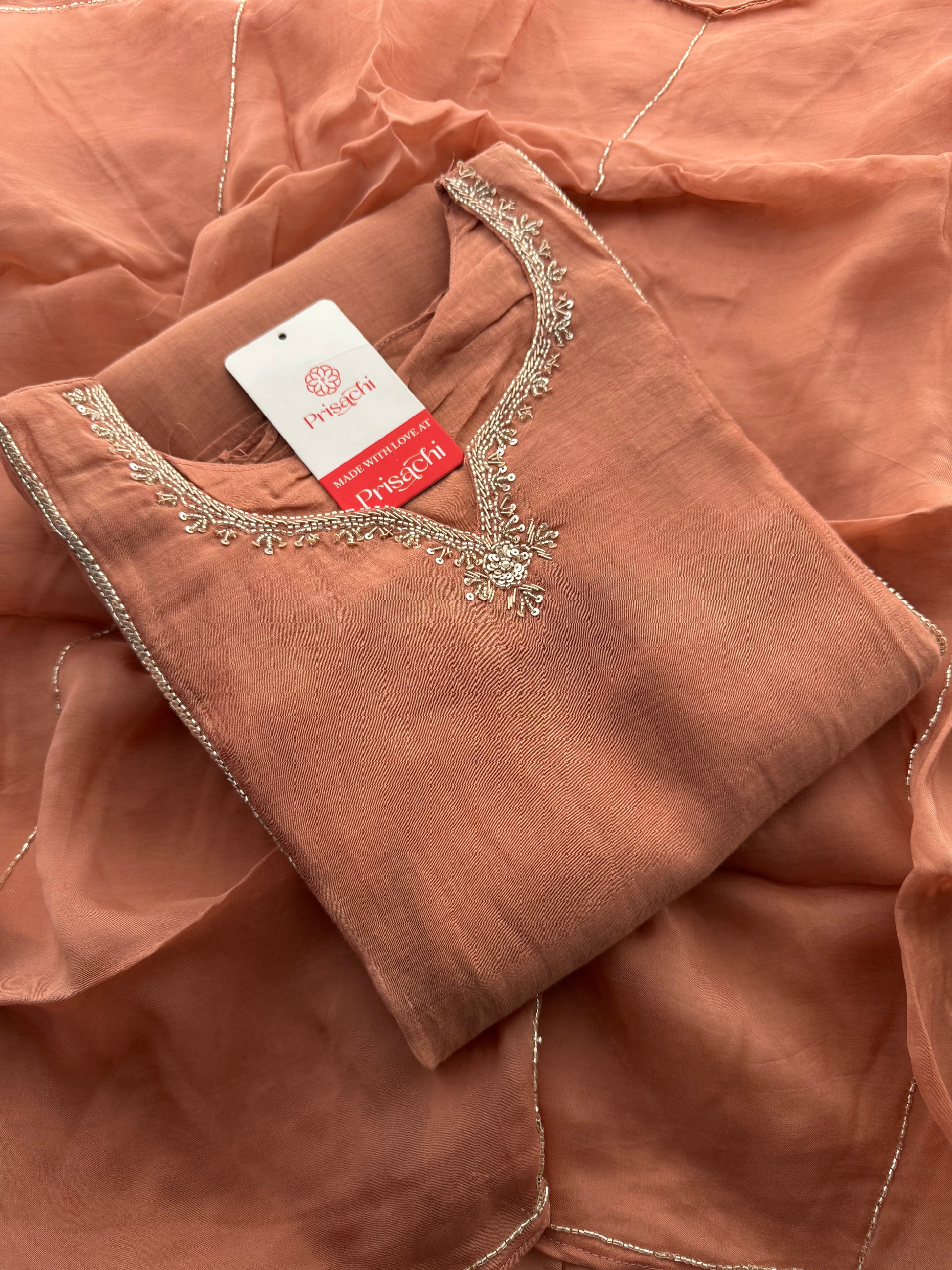 Peach A-Line Embroidered Ethnic Kurta Set for Women with Pants & Dupatta - Prisachi Official