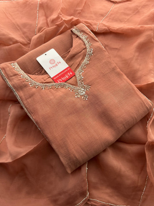 Peach A-Line Embroidered Ethnic Kurta Set for Women with Pants & Dupatta