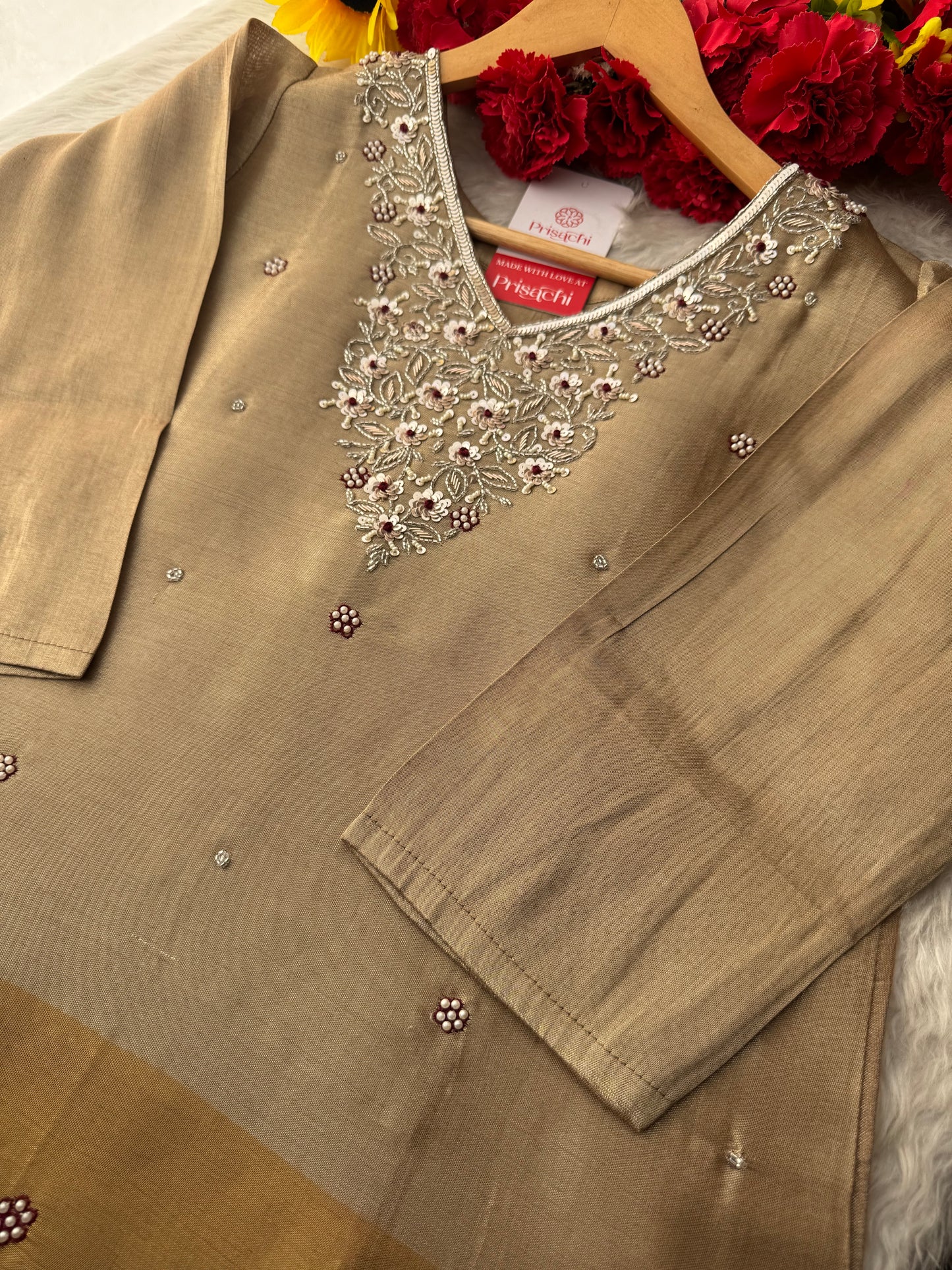 Designer Dual Tone Beige Gold & Metallic Gold Kurta Set with Embroidery, Pants & Dupatta - Prisachi Official