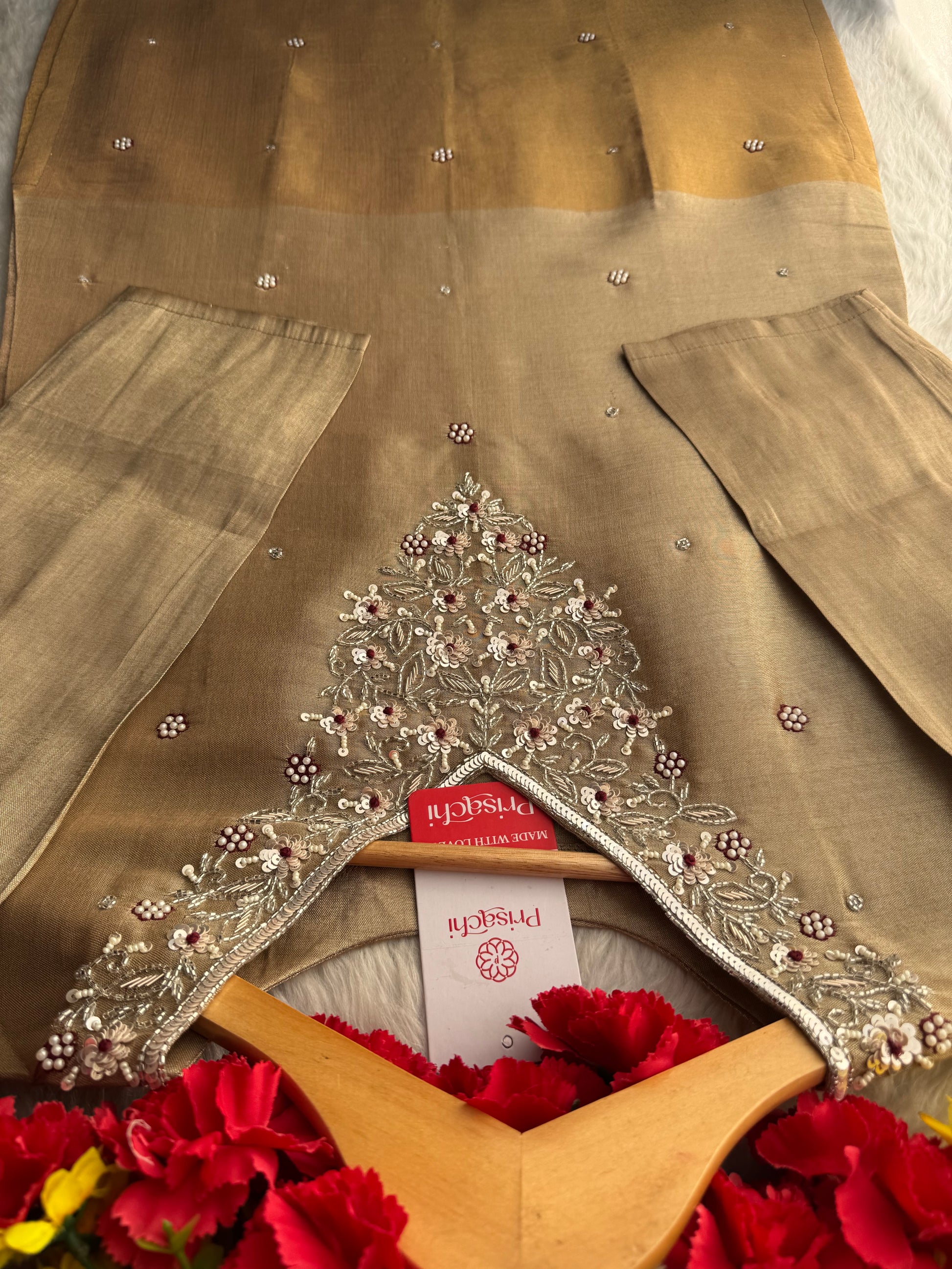 Designer Dual Tone Beige Gold & Metallic Gold Kurta Set with Embroidery, Pants & Dupatta - Prisachi Official