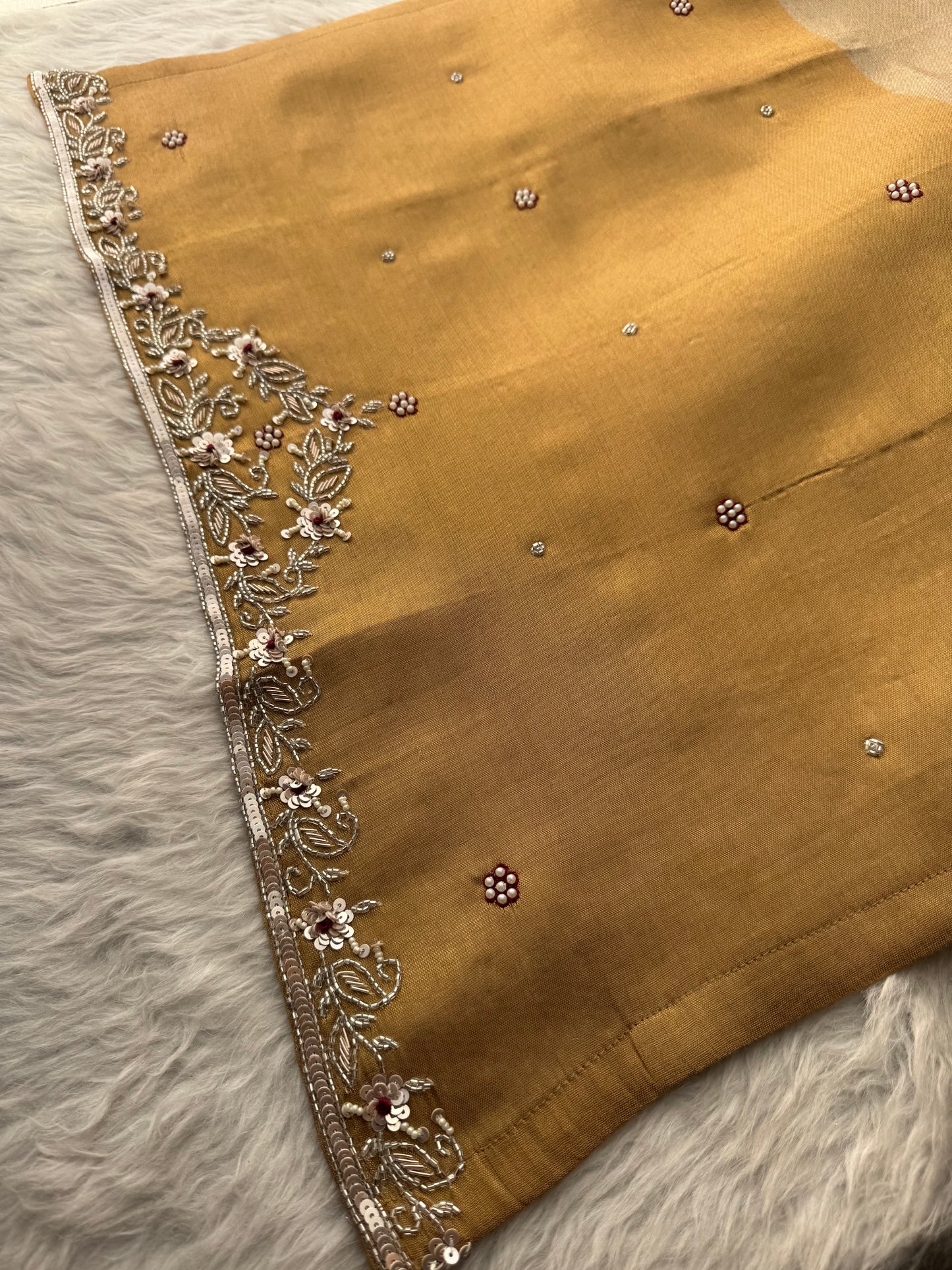 Designer Dual Tone Beige Gold & Metallic Gold Kurta Set with Embroidery, Pants & Dupatta - Prisachi Official
