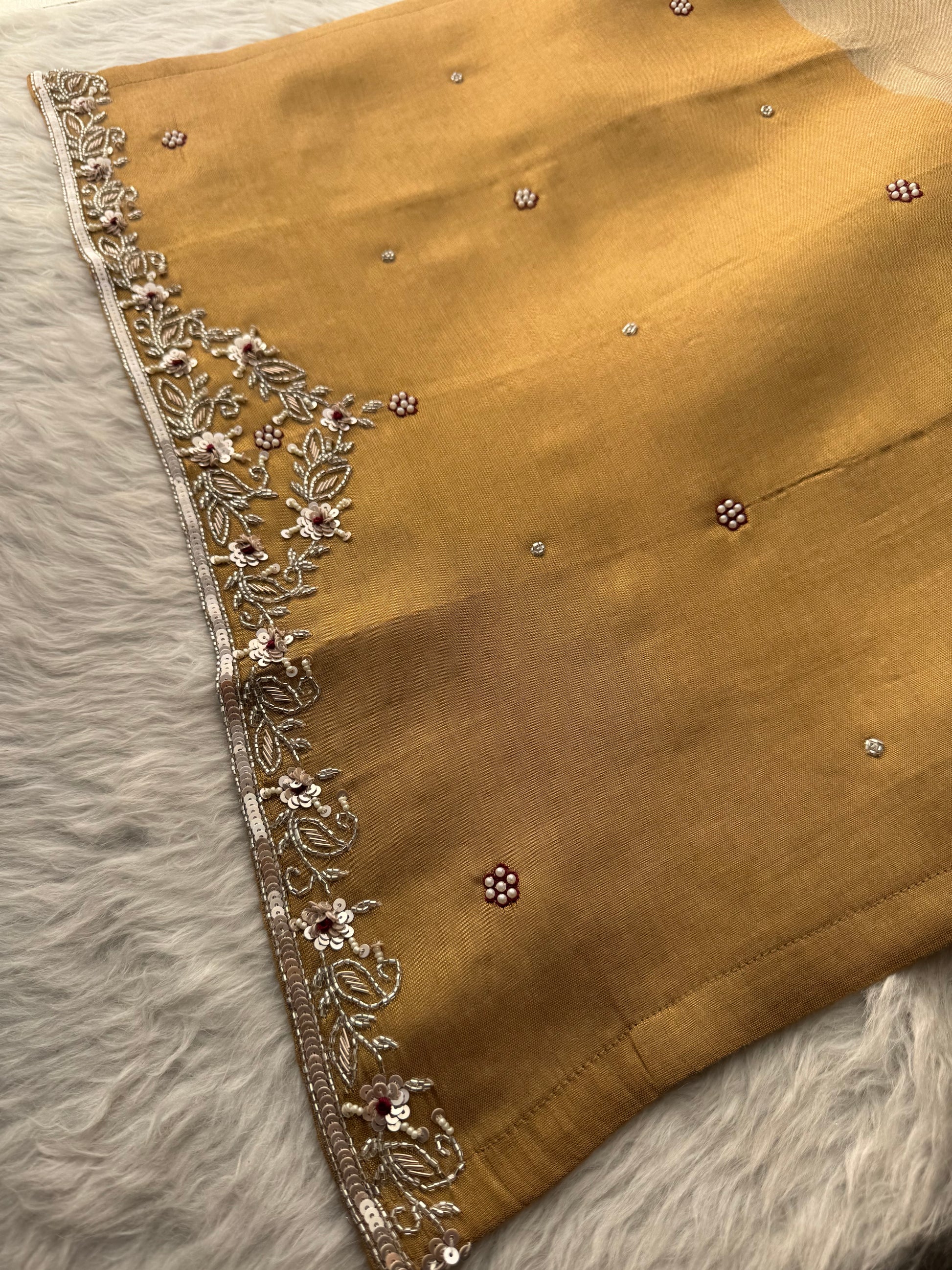 Designer Dual Tone Beige Gold & Metallic Gold Kurta Set with Embroidery, Pants & Dupatta - Prisachi Official