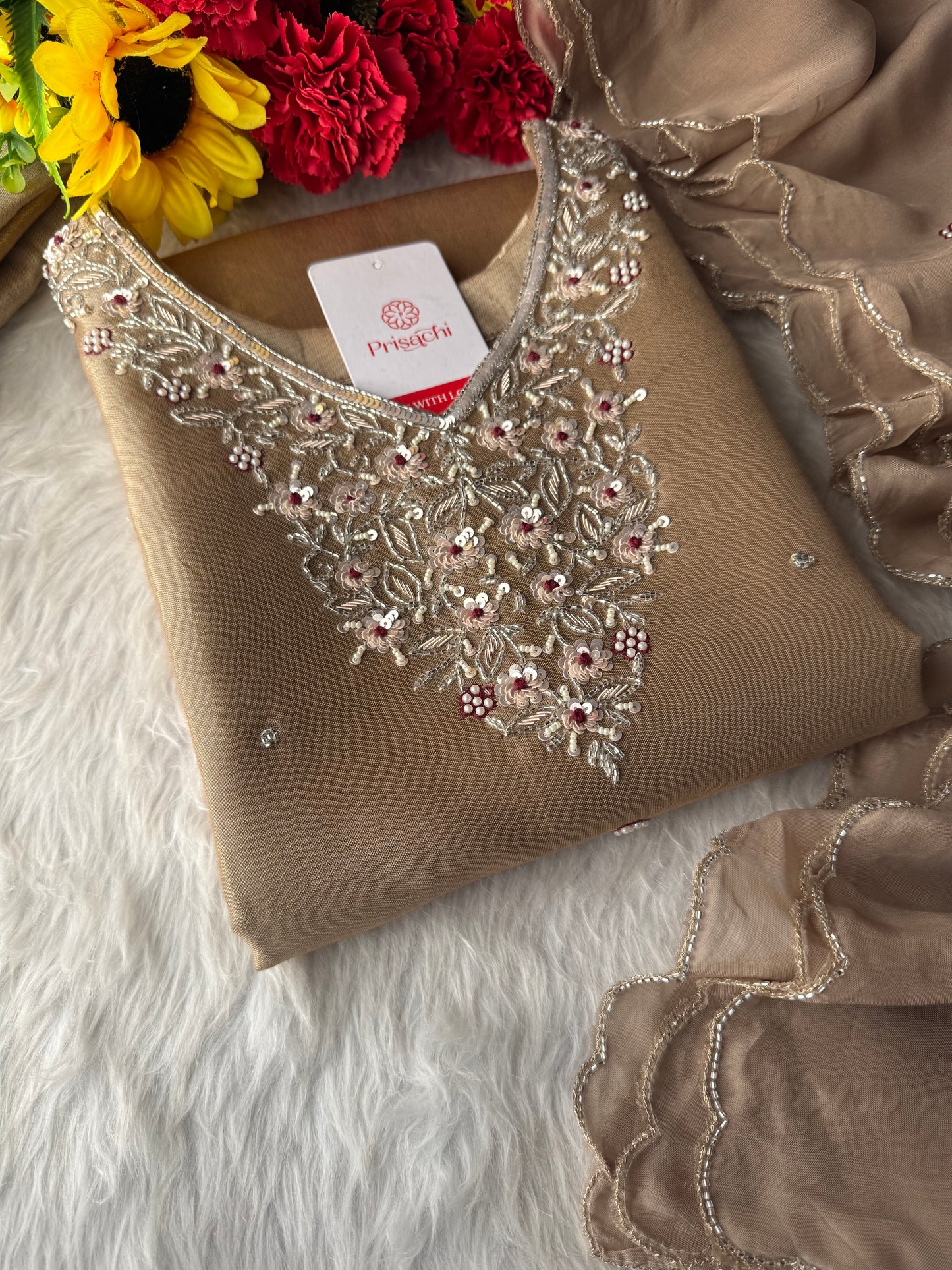 Designer Dual Tone Beige Gold & Metallic Gold Kurta Set with Embroidery, Pants & Dupatta - Prisachi Official