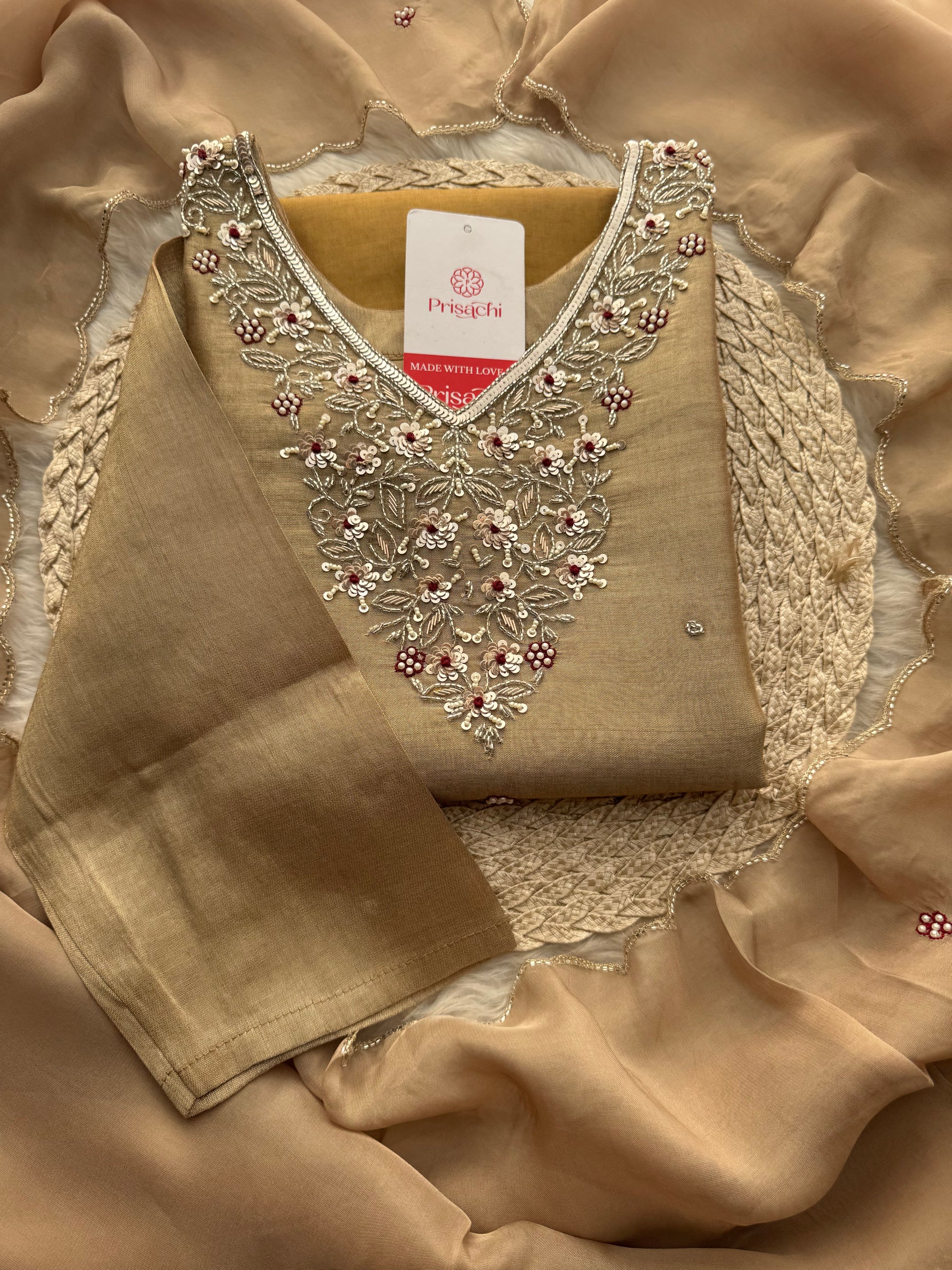 Designer Dual Tone Beige Gold & Metallic Gold Kurta Set with Embroidery, Pants & Dupatta - Prisachi Official