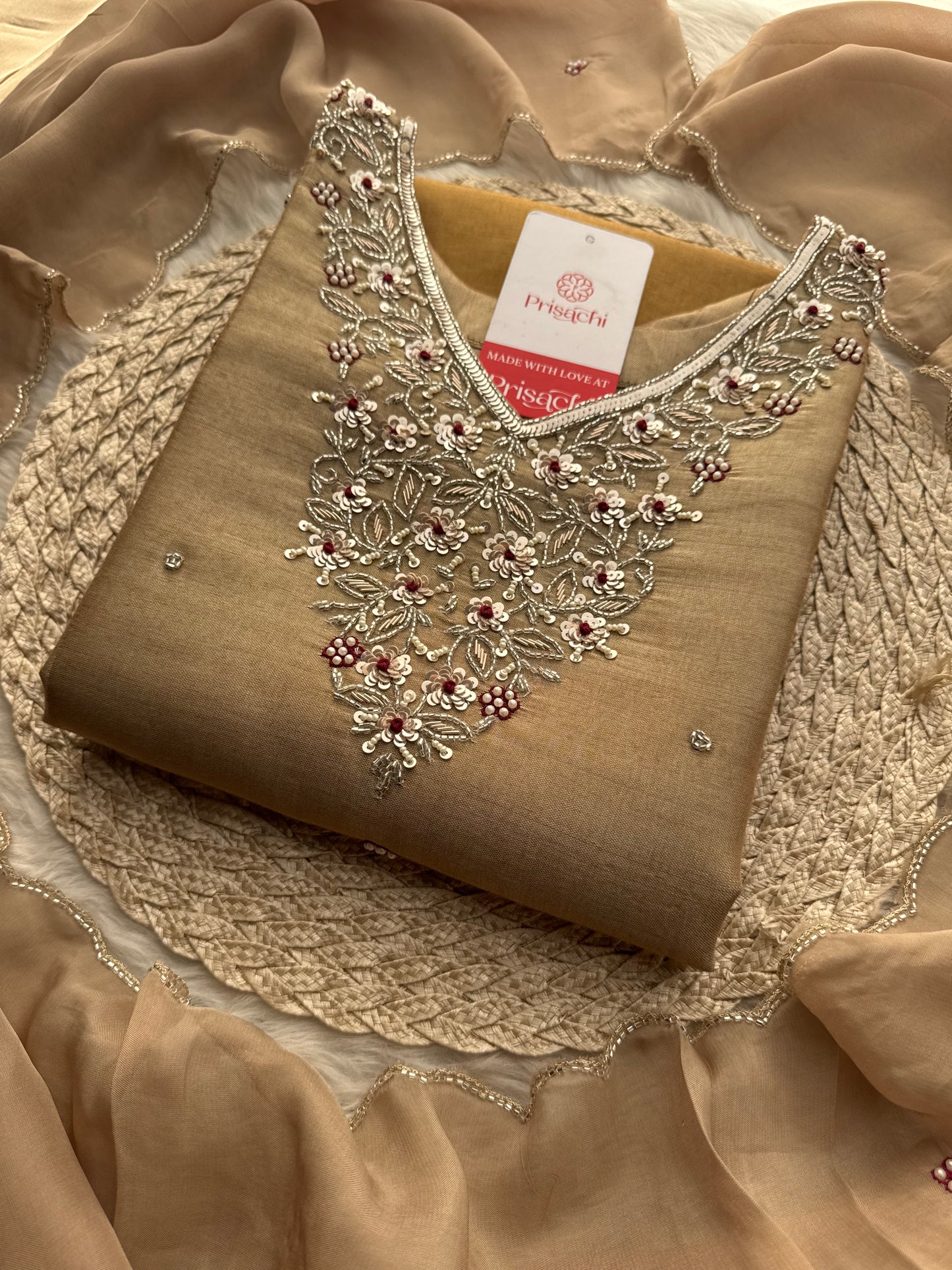 Designer Dual Tone Beige Gold & Metallic Gold Kurta Set with Embroidery, Pants & Dupatta - Prisachi Official