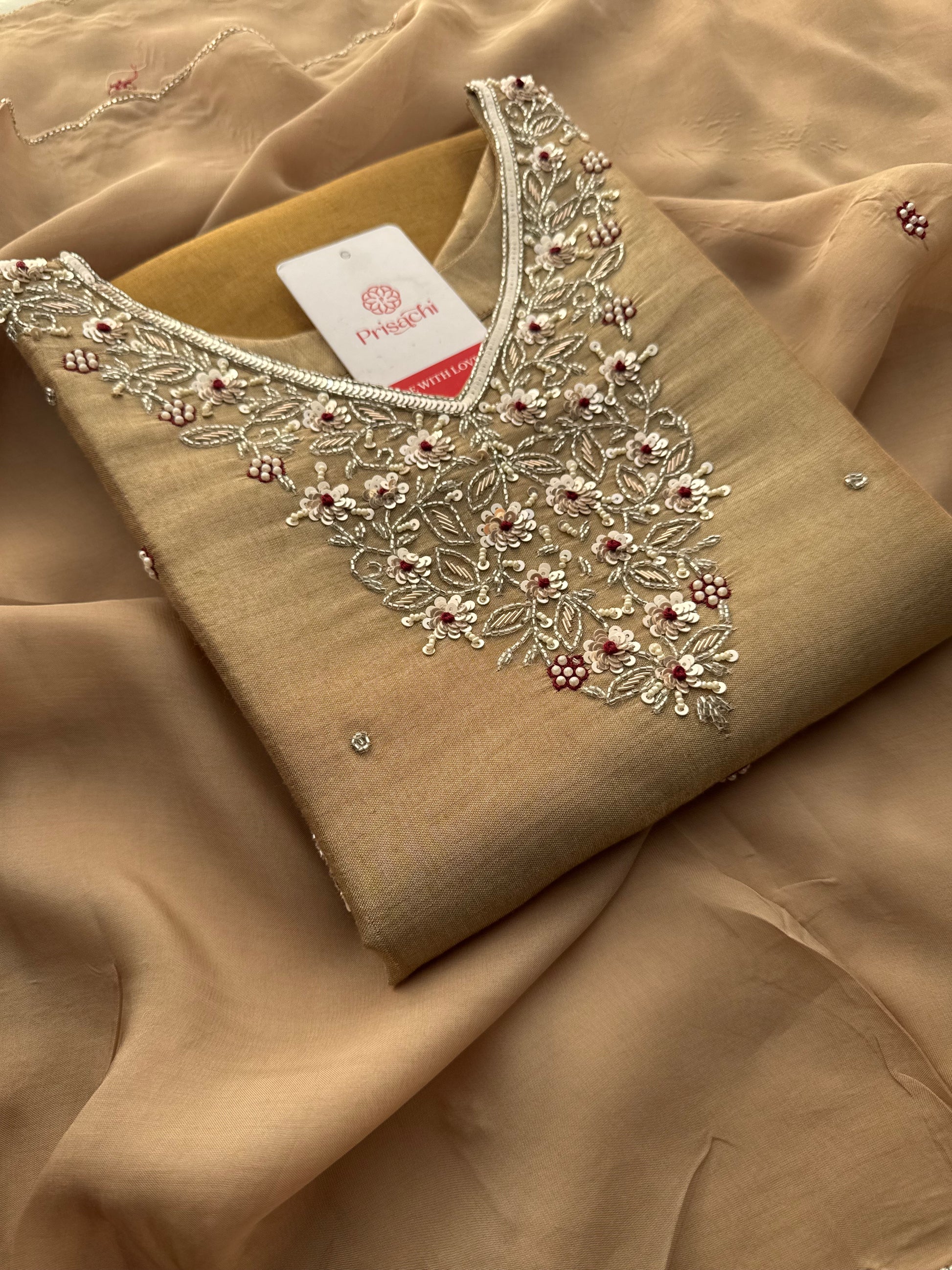 Designer Dual Tone Beige Gold & Metallic Gold Kurta Set with Embroidery, Pants & Dupatta - Prisachi Official