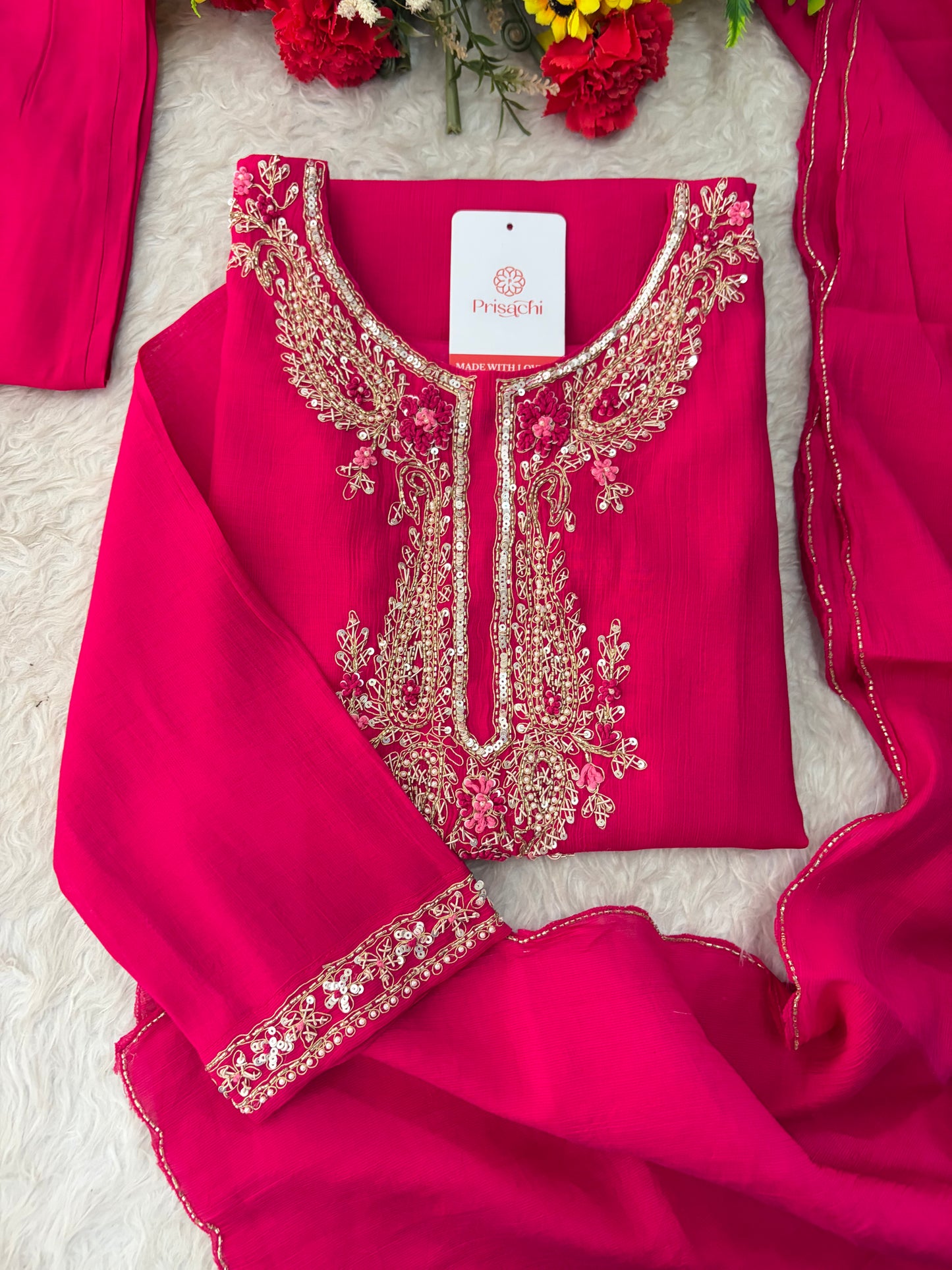 Pink Embroidered Ethnic Kurta Set for Women with Pants & Dupatta | Festive Traditional Wear