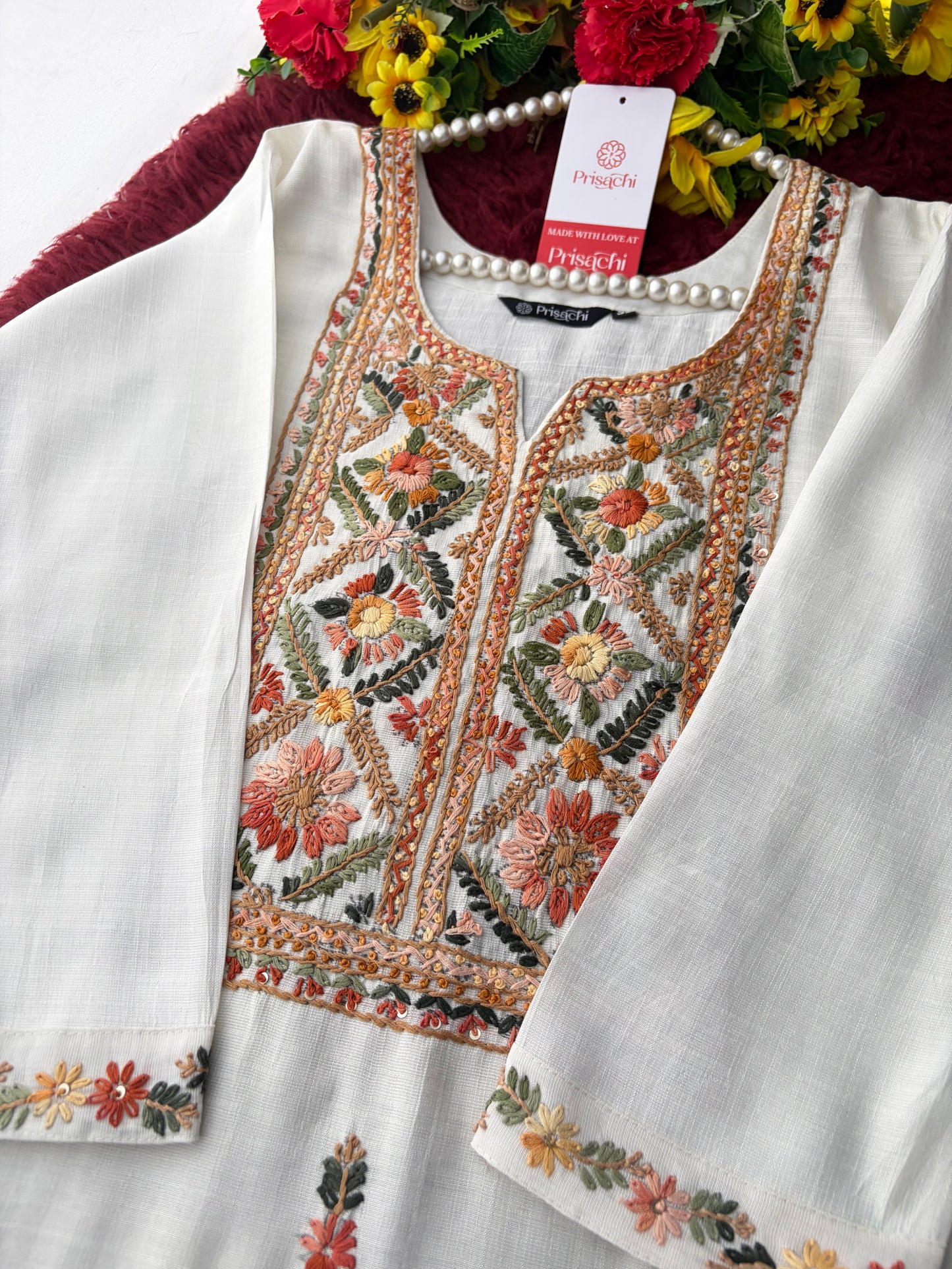 White Embroidered Ethnic Kurta With Pants | Office and Daily Wear Co-Ord Set