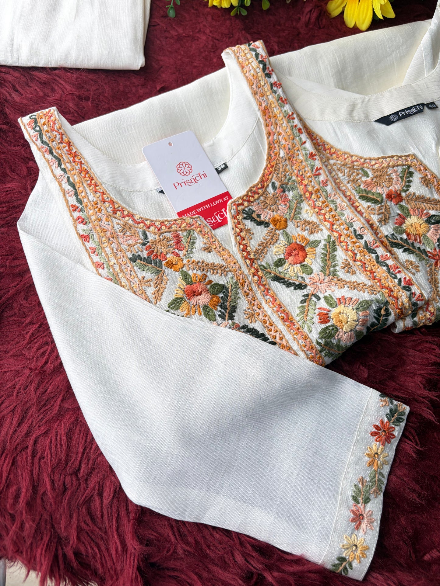 White Embroidered Ethnic Kurta With Pants | Office and Daily Wear Co-Ord Set
