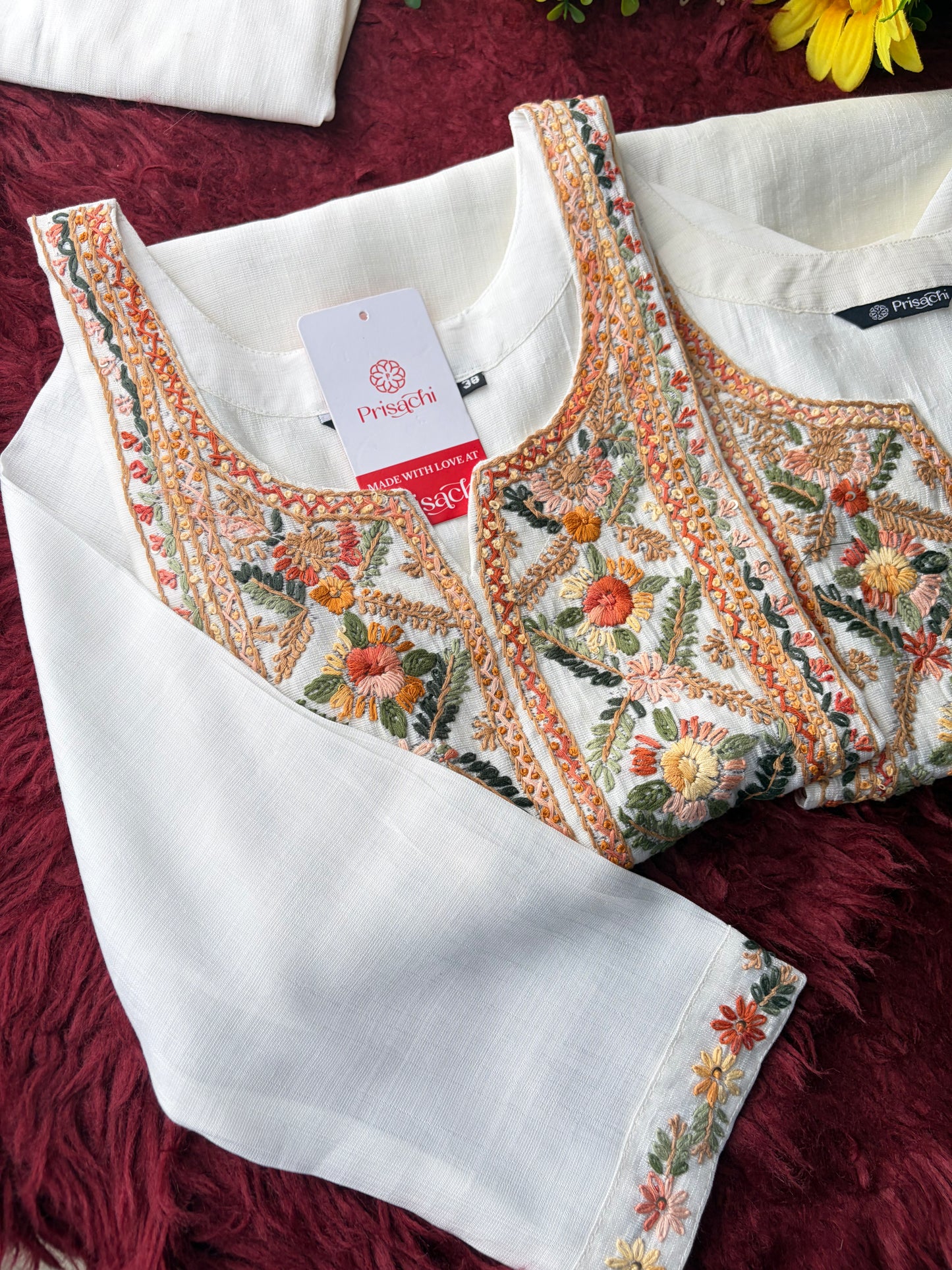 White Embroidered Ethnic Kurta With Pants | Office and Daily Wear Co-Ord Set