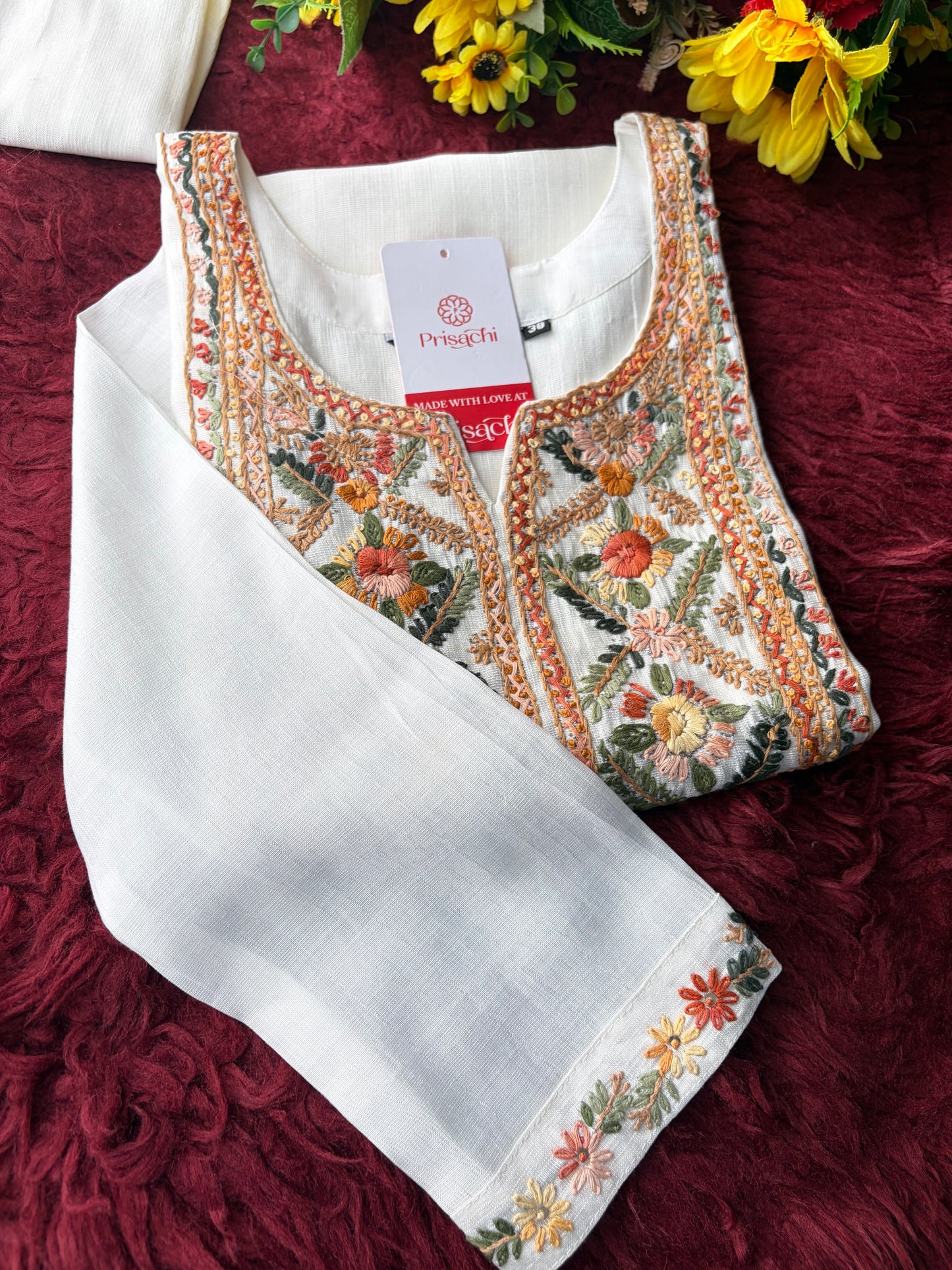 White Embroidered Ethnic Kurta With Pants | Office and Daily Wear Co-Ord Set