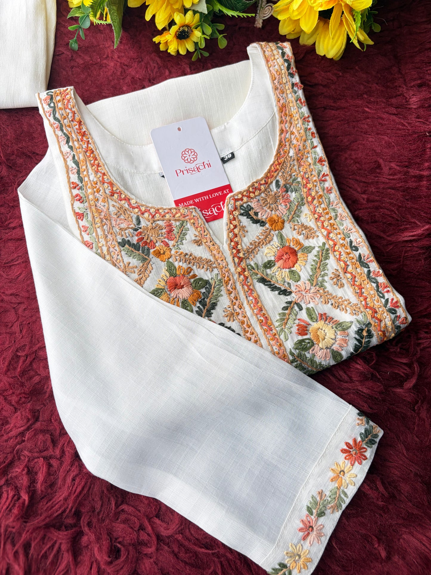 White Embroidered Ethnic Kurta With Pants | Office and Daily Wear Co-Ord Set