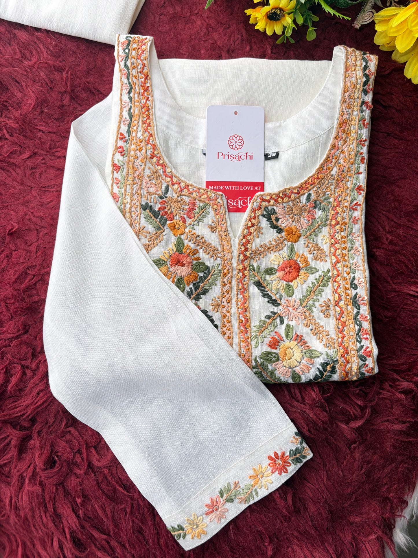 White Embroidered Ethnic Kurta With Pants | Office and Daily Wear Co-Ord Set