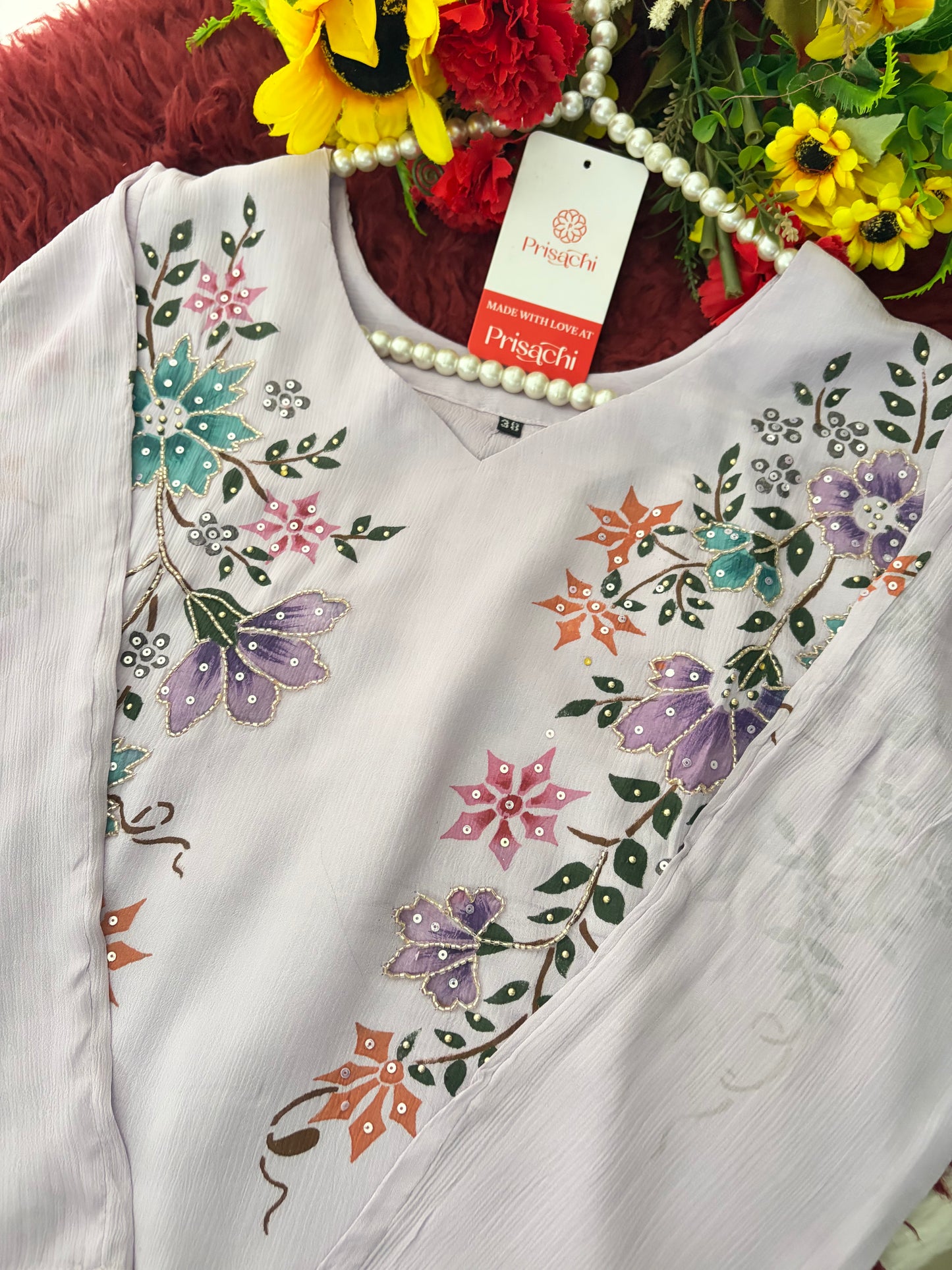 Lavender Embroidered A-Line Ethnic Kurta Set with Dupatta & Pants