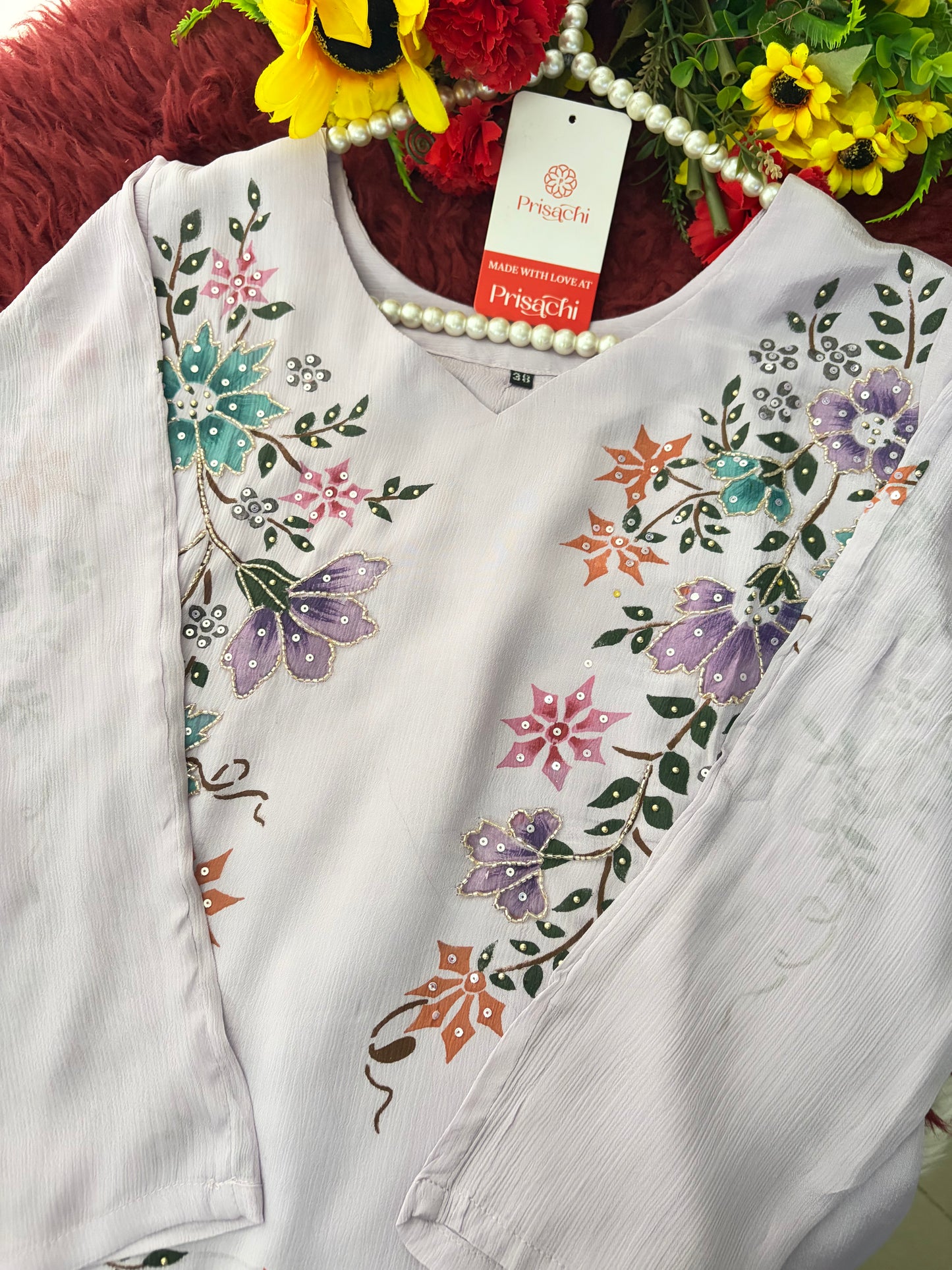 Lavender Embroidered A-Line Ethnic Kurta Set with Dupatta & Pants