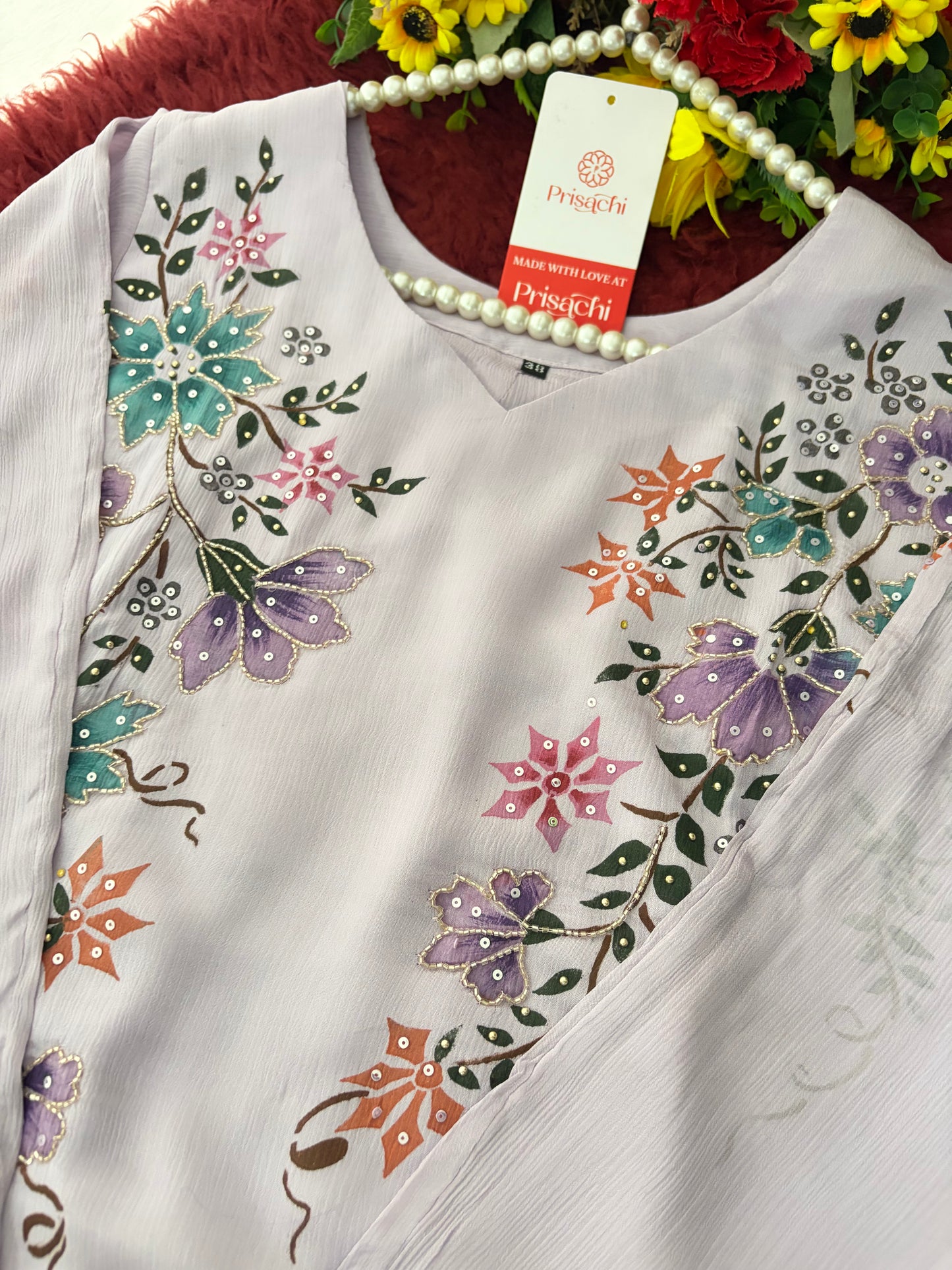 Lavender Embroidered A-Line Ethnic Kurta Set with Dupatta & Pants