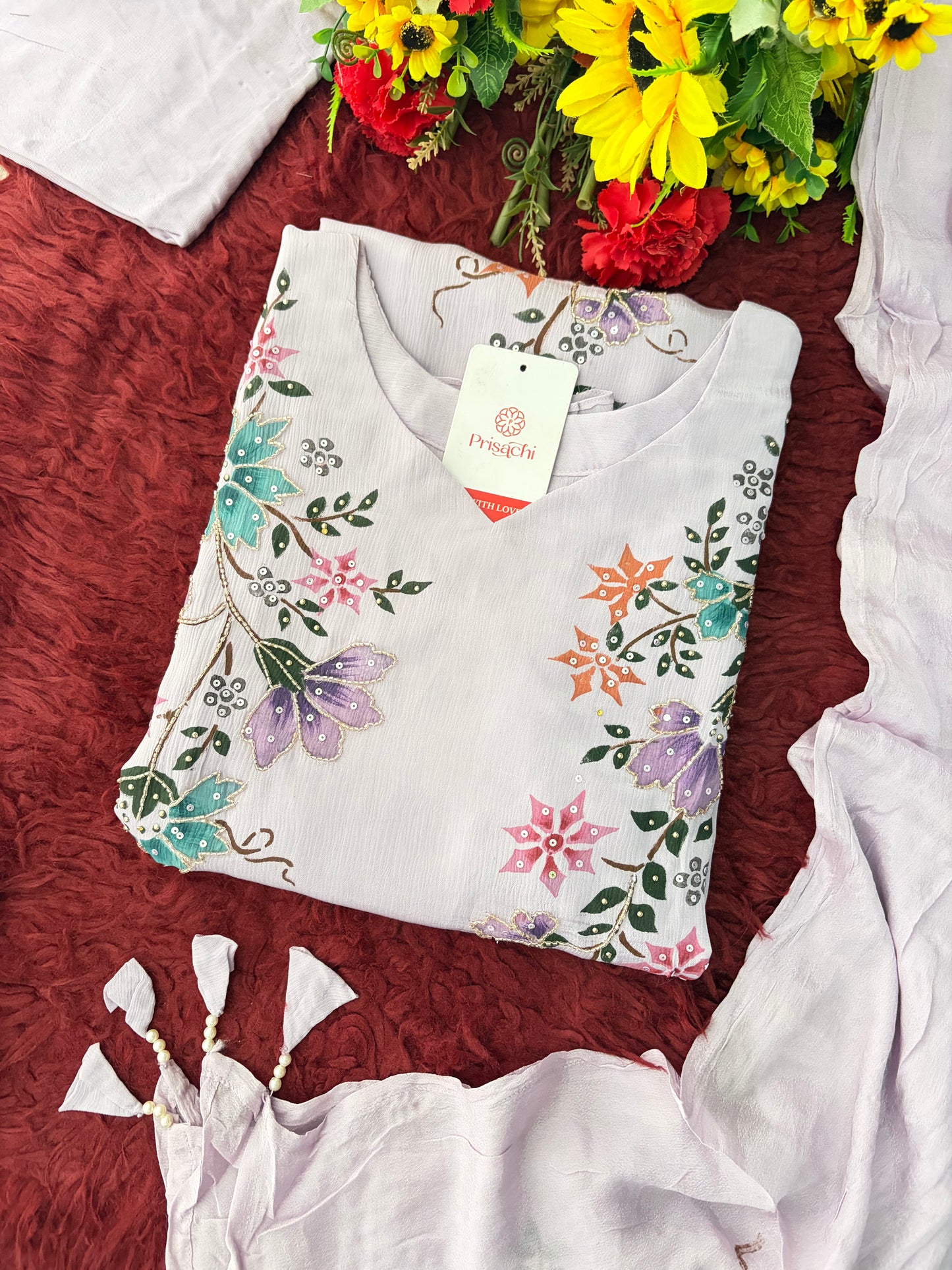 Lavender Embroidered A-Line Ethnic Kurta Set with Dupatta & Pants