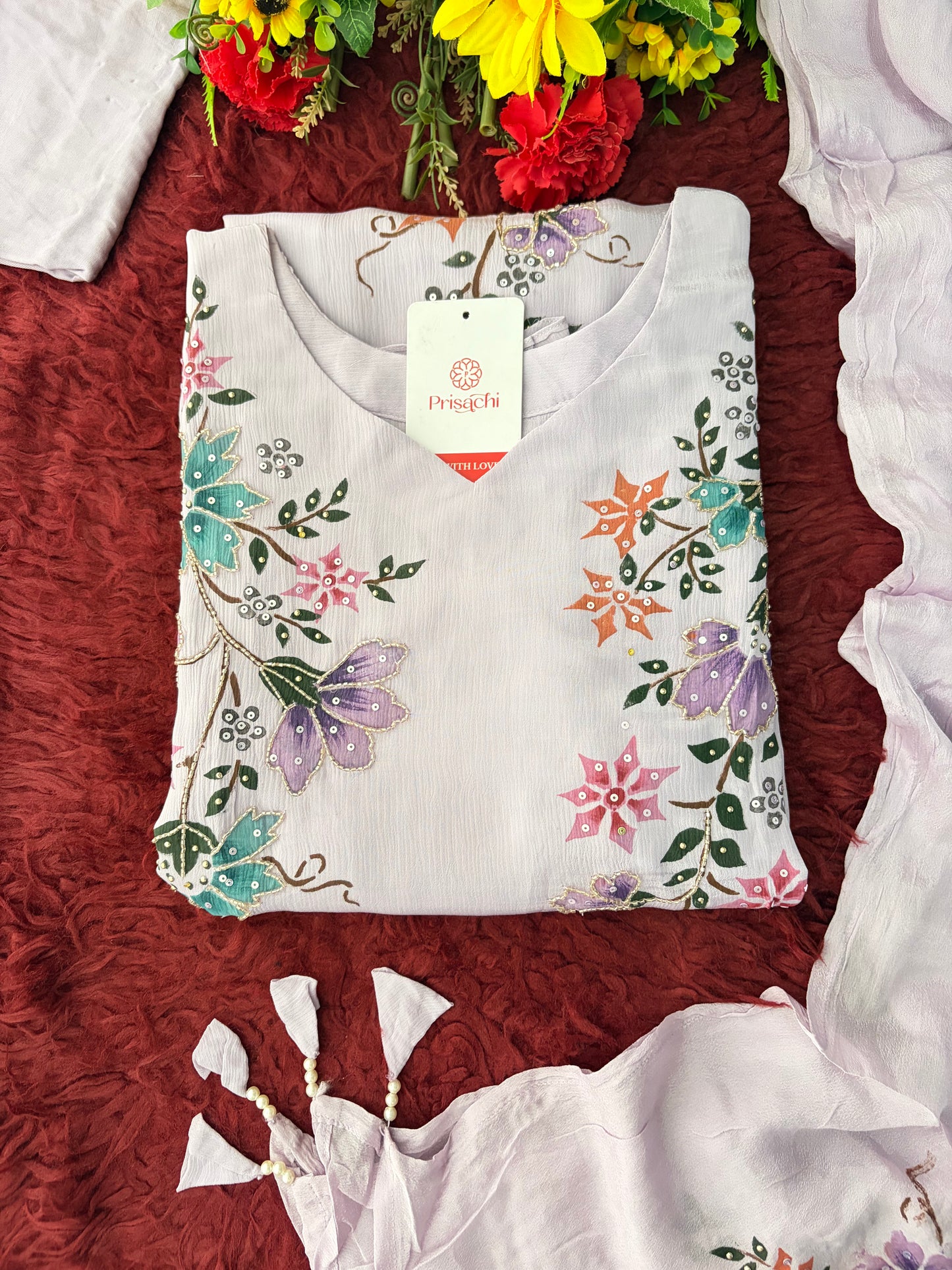 Lavender Embroidered A-Line Ethnic Kurta Set with Dupatta & Pants