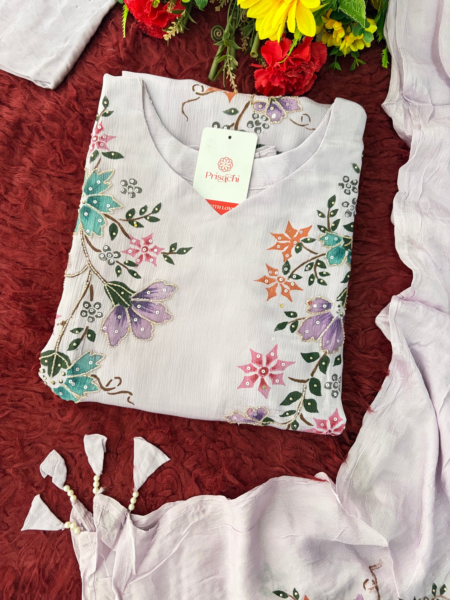 Lavender Embroidered A-Line Ethnic Kurta Set with Dupatta & Pants