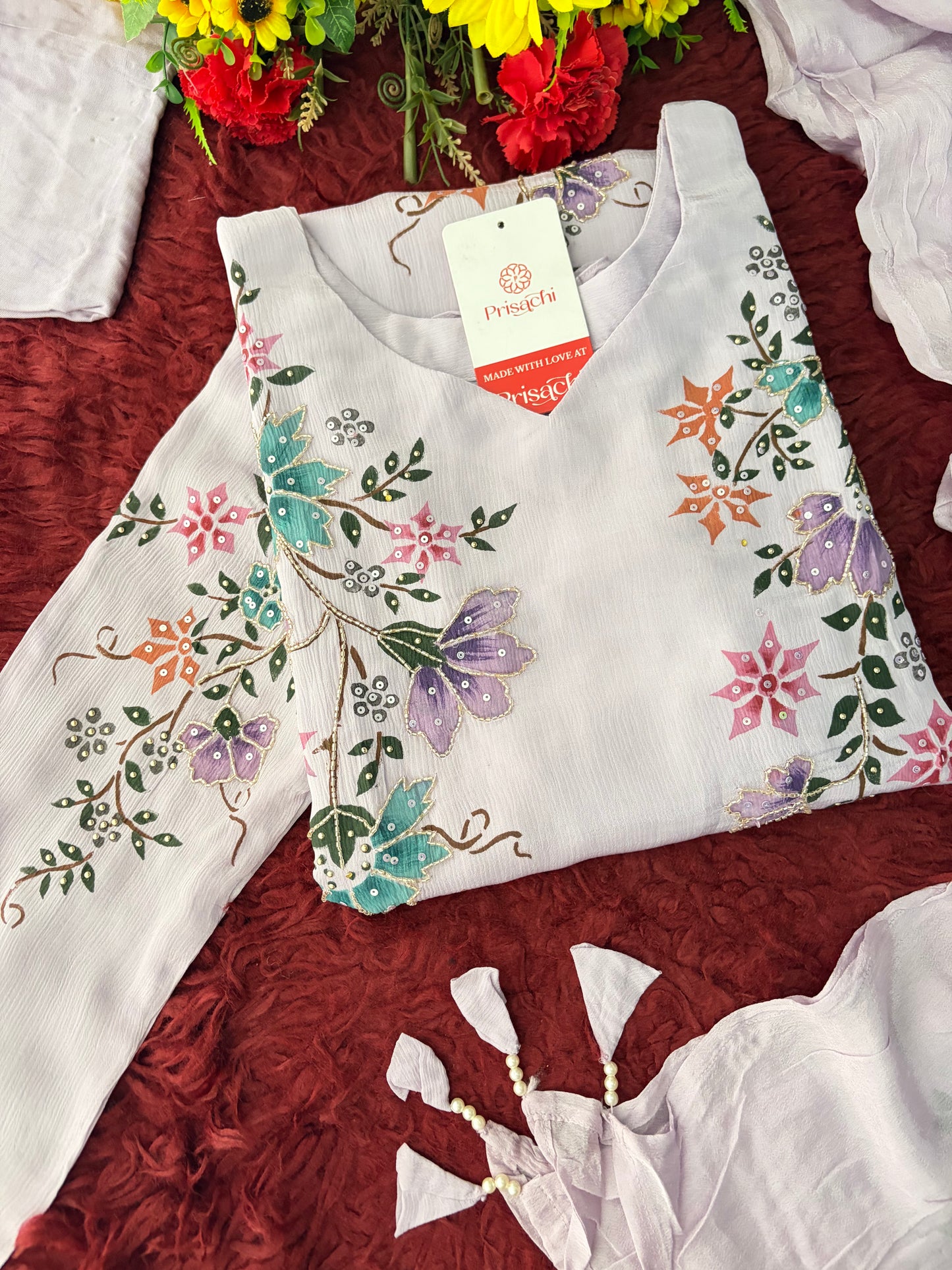Lavender Embroidered A-Line Ethnic Kurta Set with Dupatta & Pants