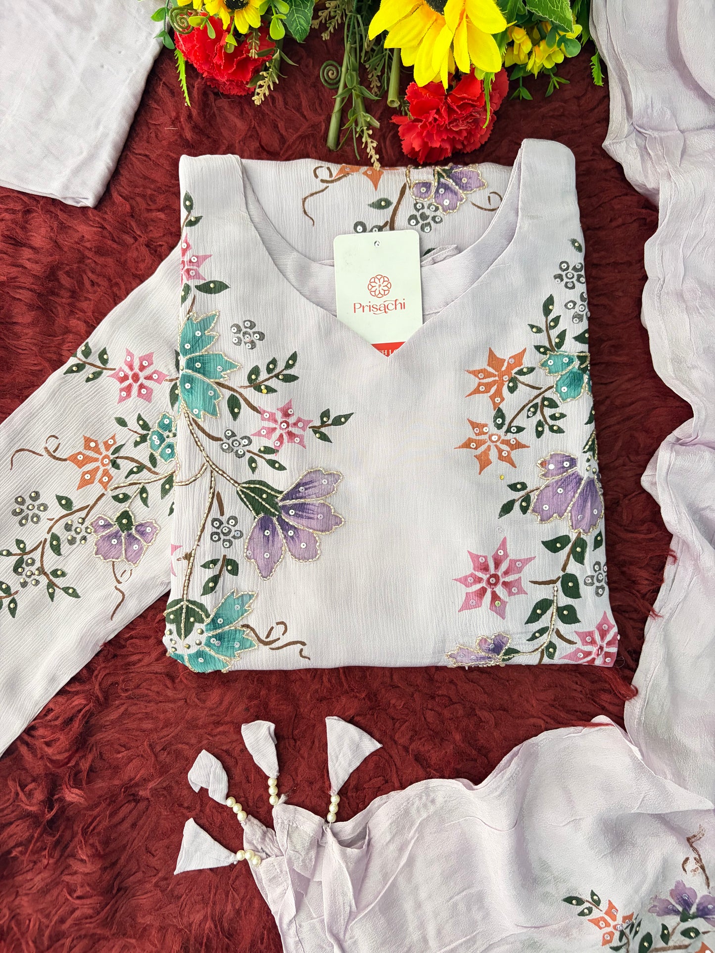 Lavender Embroidered A-Line Ethnic Kurta Set with Dupatta & Pants