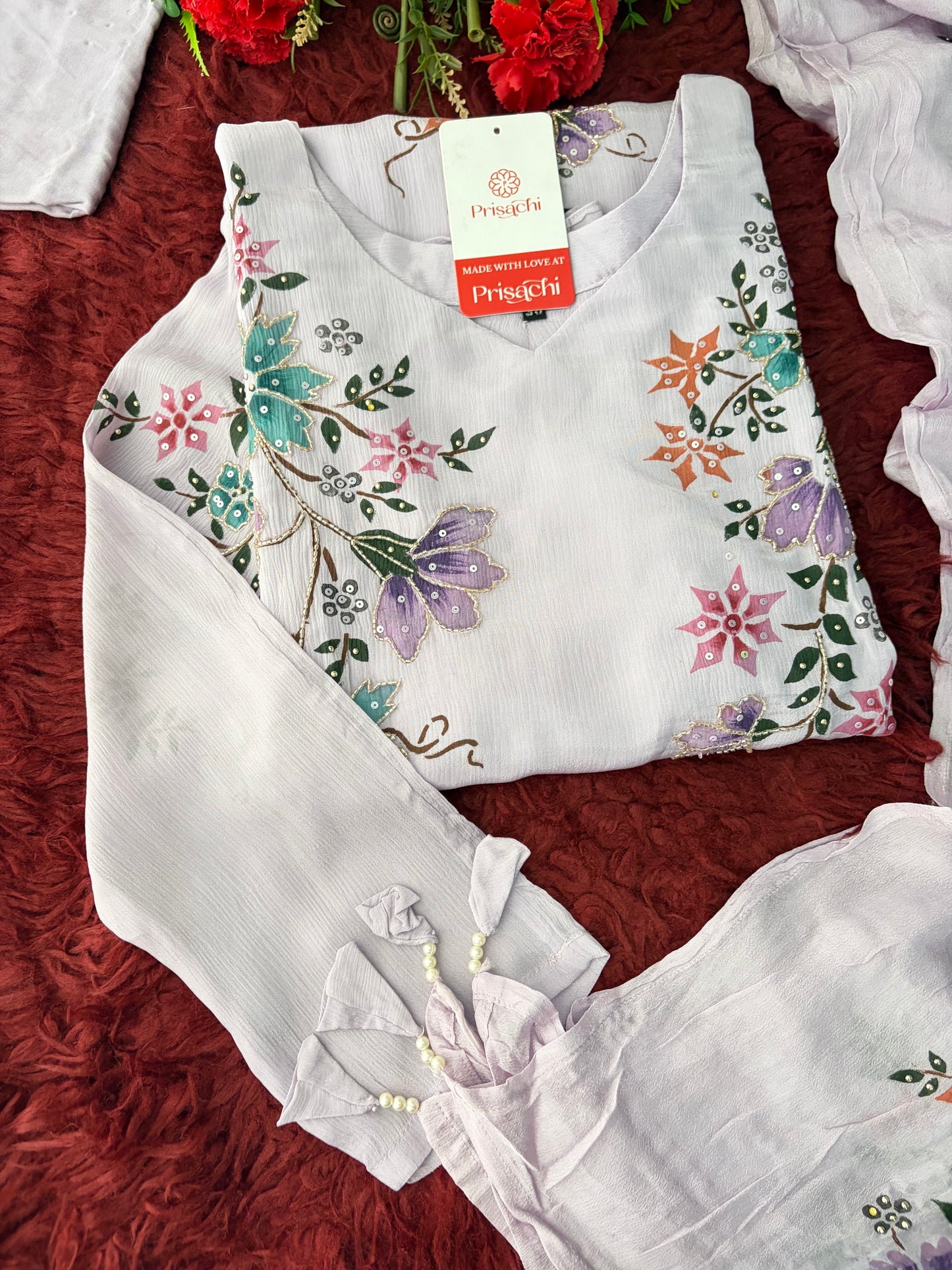 Lavender Embroidered A-Line Ethnic Kurta Set with Dupatta & Pants