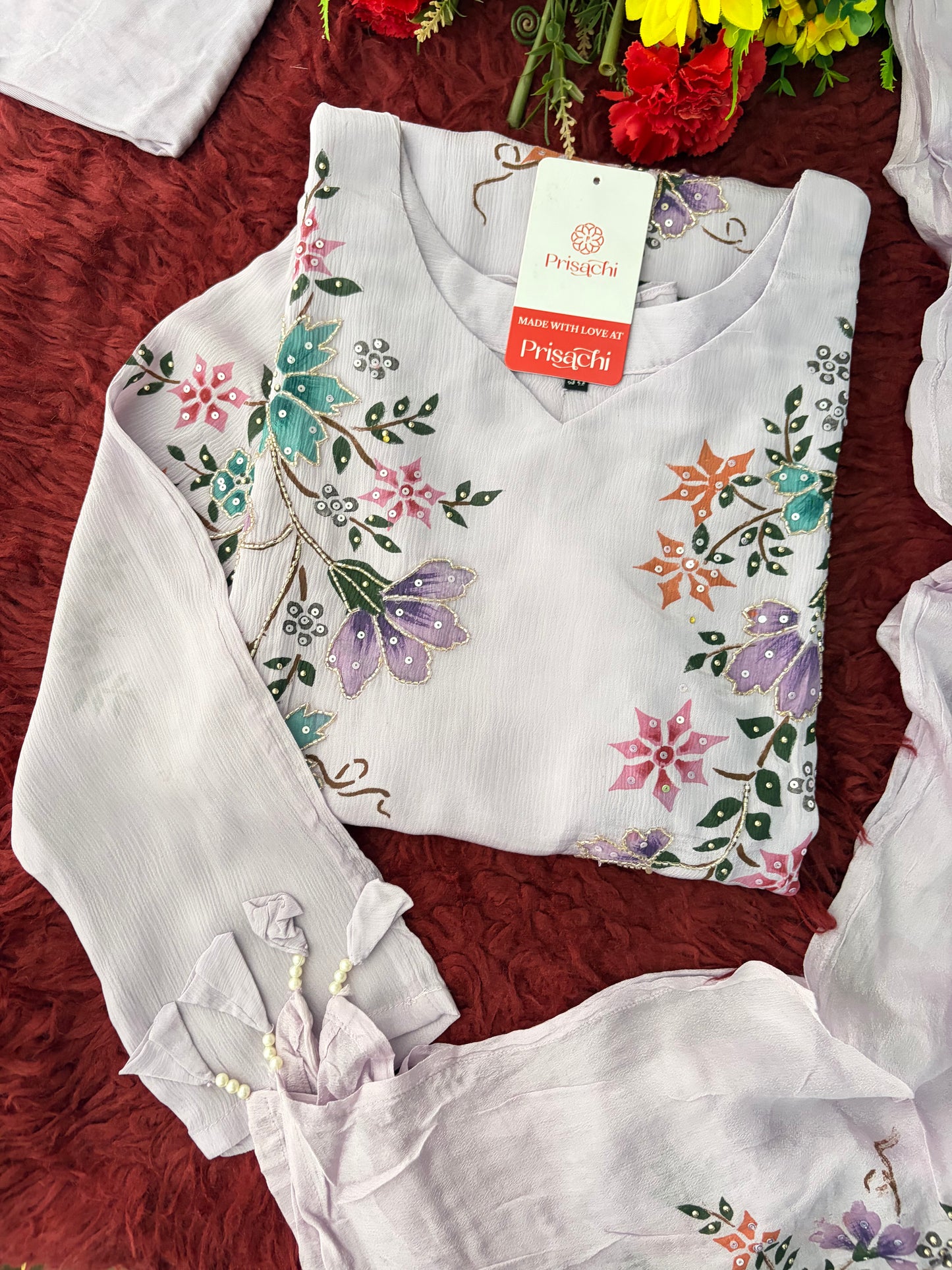Lavender Embroidered A-Line Ethnic Kurta Set with Dupatta & Pants