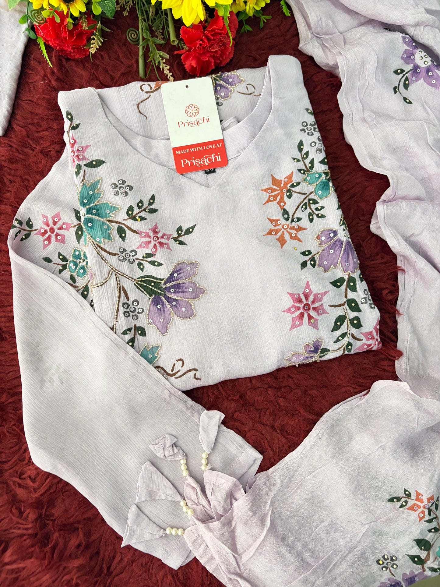 Lavender Embroidered A-Line Ethnic Kurta Set with Dupatta & Pants