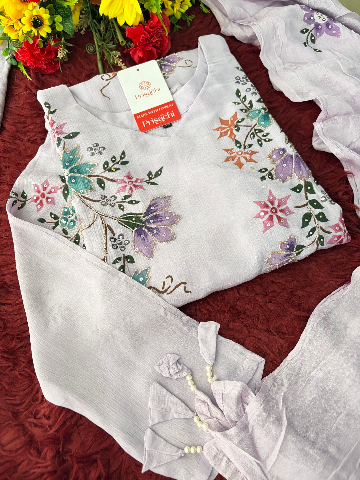 Lavender Embroidered A-Line Ethnic Kurta Set with Dupatta & Pants