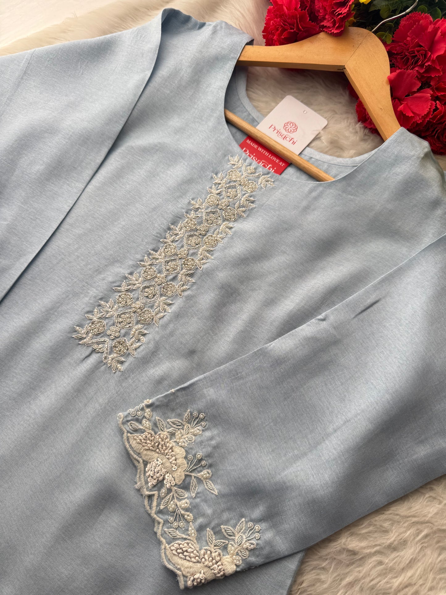 Ombre Sky Blue Thread Embroidered Ethnic Kurta Set for Women with Pants & Dupatta - Prisachi Official