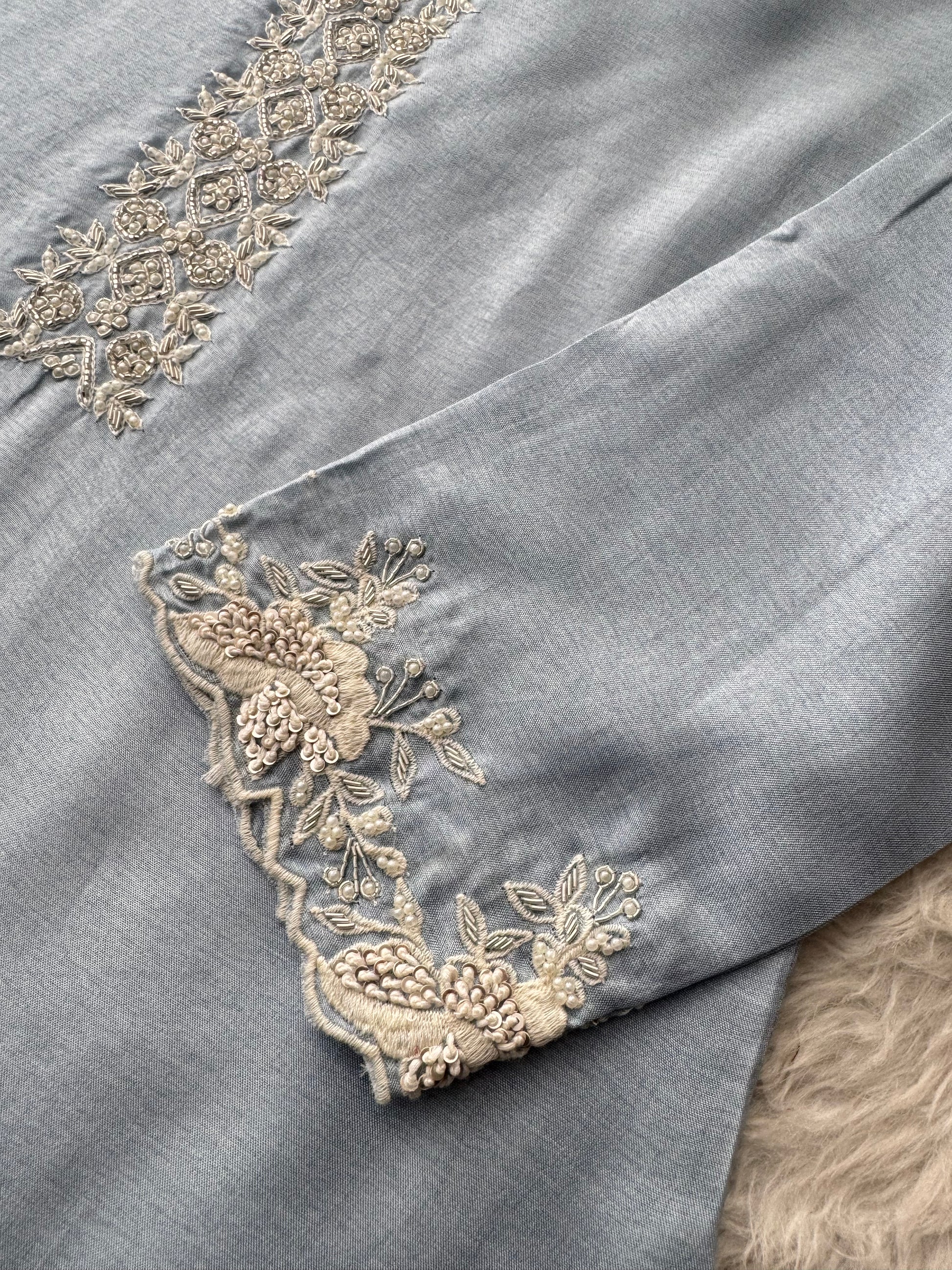 Ombre Sky Blue Thread Embroidered Ethnic Kurta Set for Women with Pants & Dupatta - Prisachi Official
