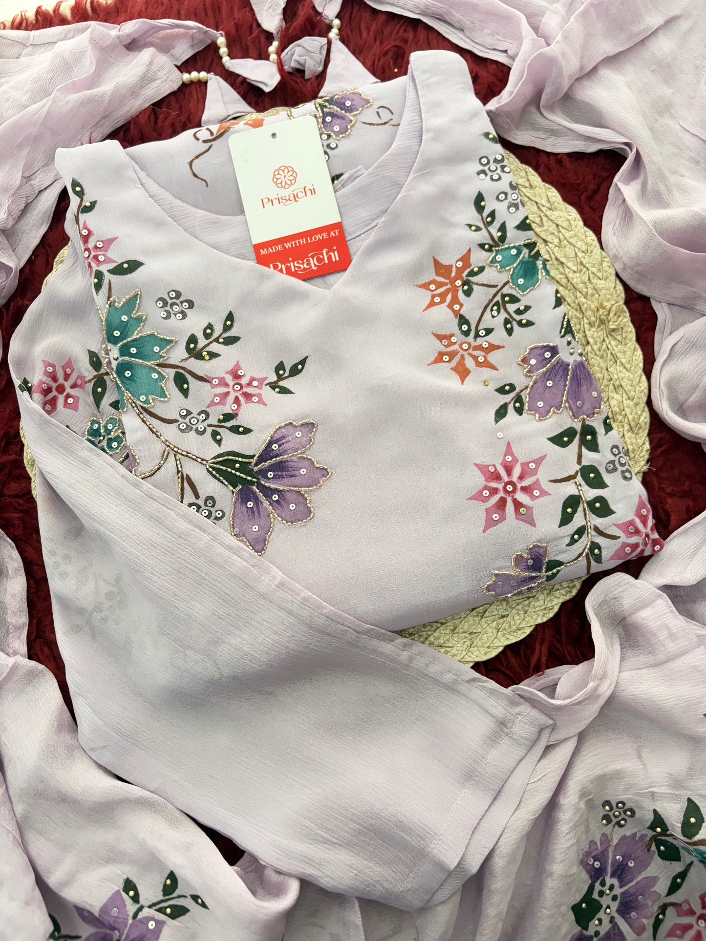 Lavender Embroidered A-Line Ethnic Kurta Set with Dupatta & Pants