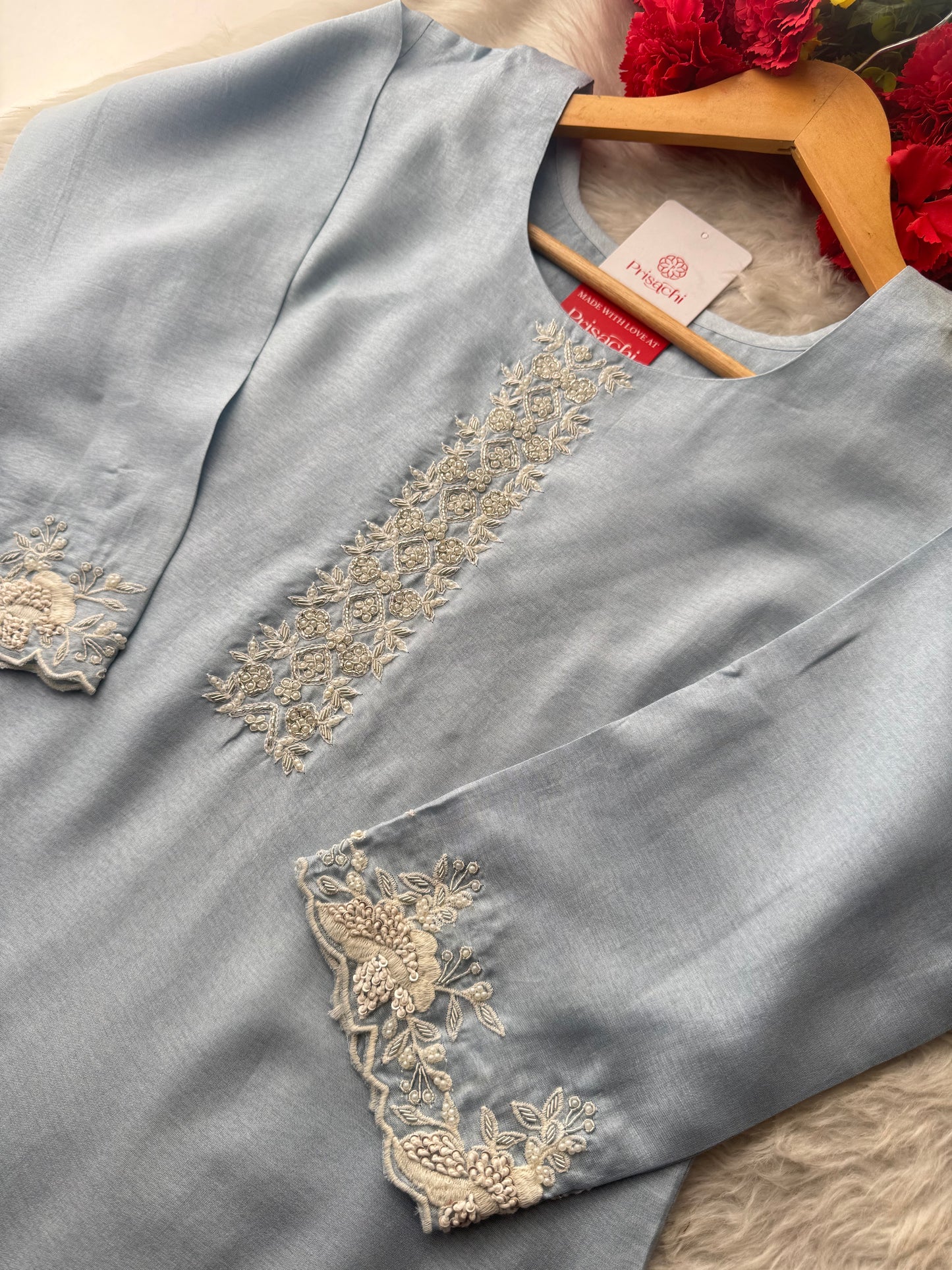 Ombre Sky Blue Thread Embroidered Ethnic Kurta Set for Women with Pants & Dupatta - Prisachi Official