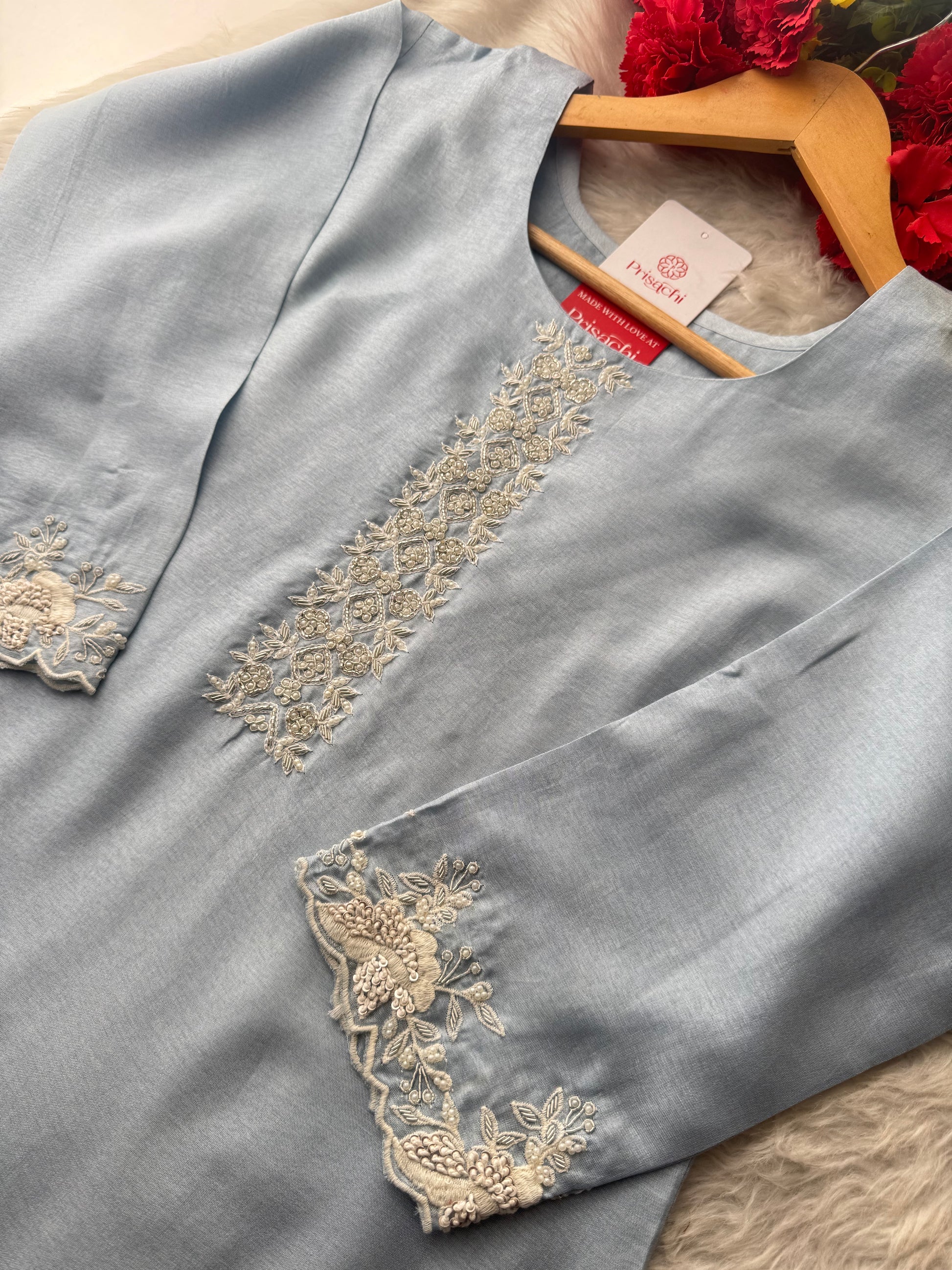 Ombre Sky Blue Thread Embroidered Ethnic Kurta Set for Women with Pants & Dupatta - Prisachi Official