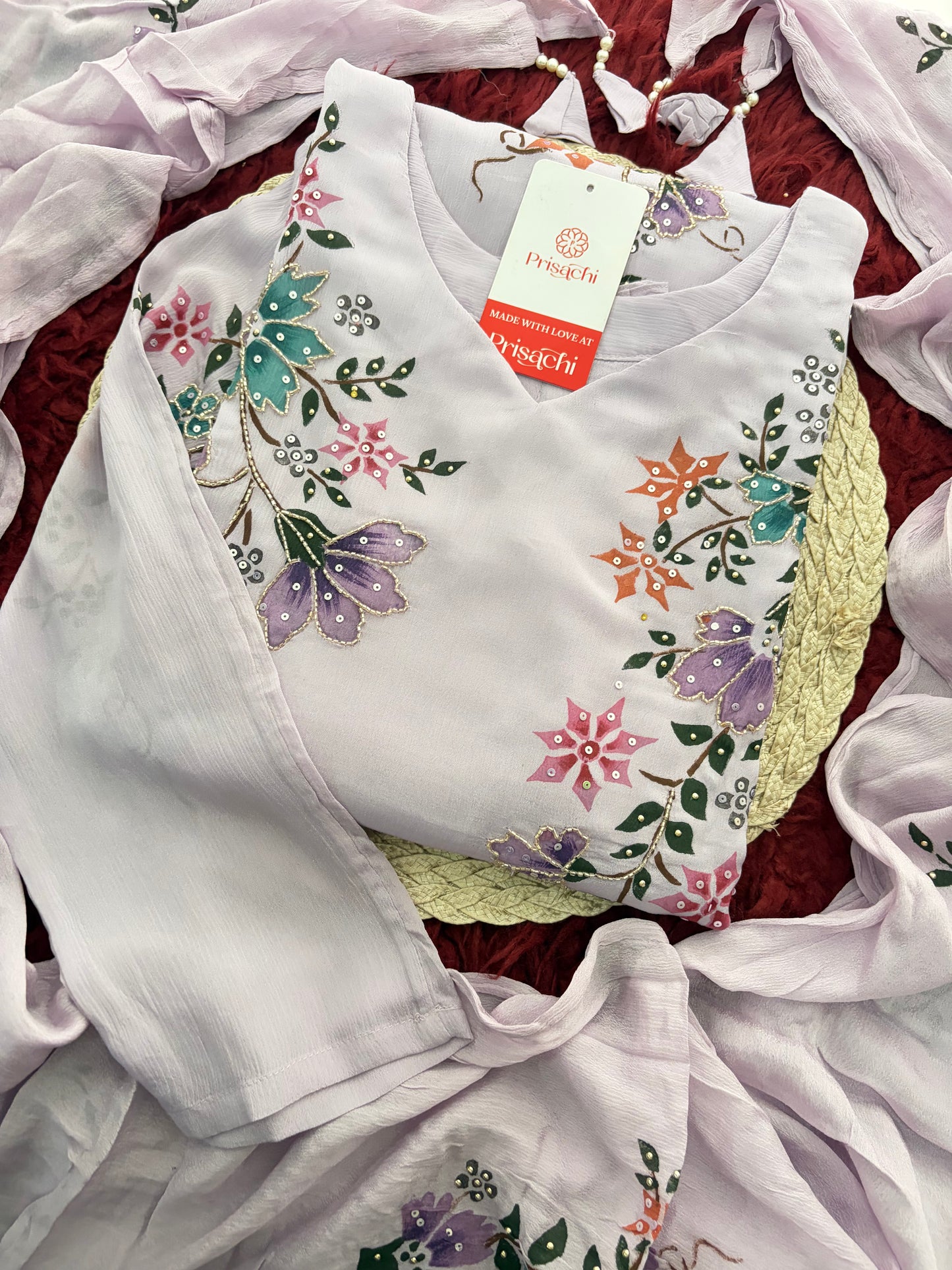 Lavender Embroidered A-Line Ethnic Kurta Set with Dupatta & Pants