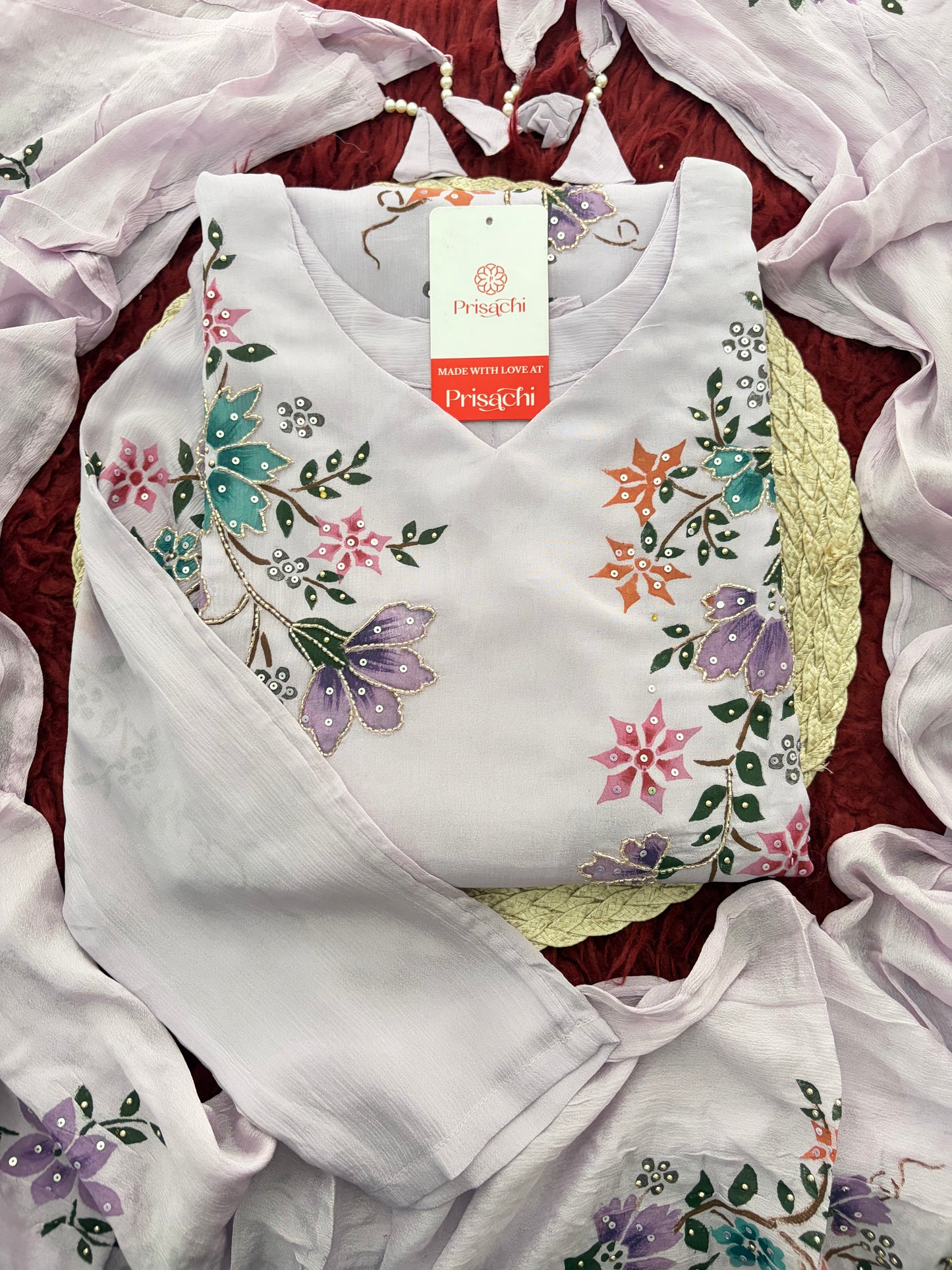 Lavender Embroidered A-Line Ethnic Kurta Set with Dupatta & Pants