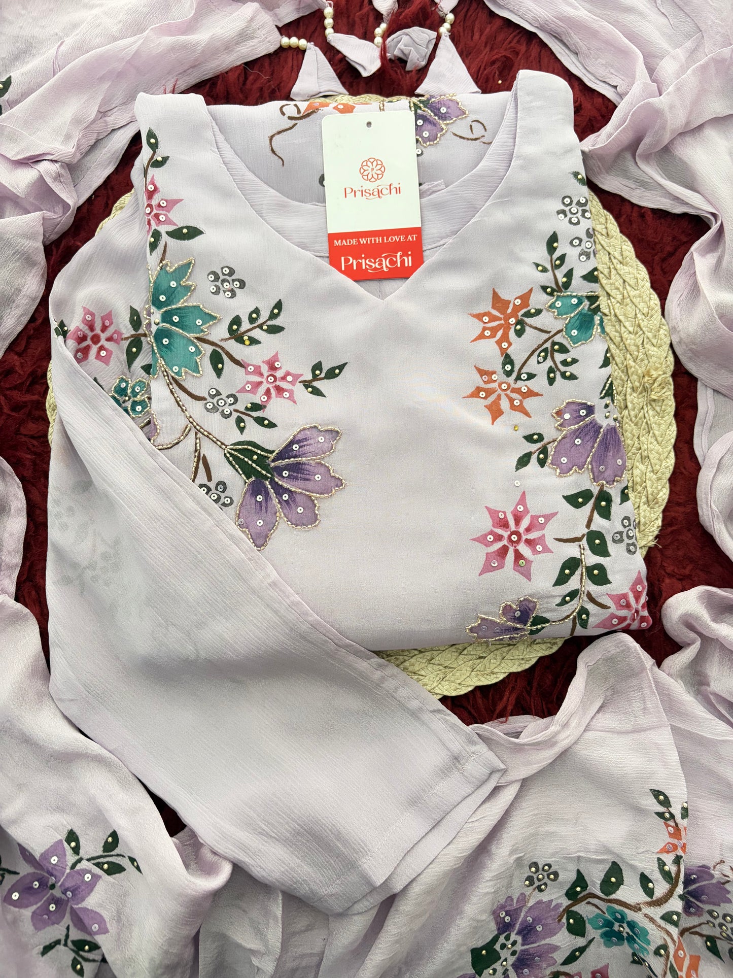 Lavender Embroidered A-Line Ethnic Kurta Set with Dupatta & Pants