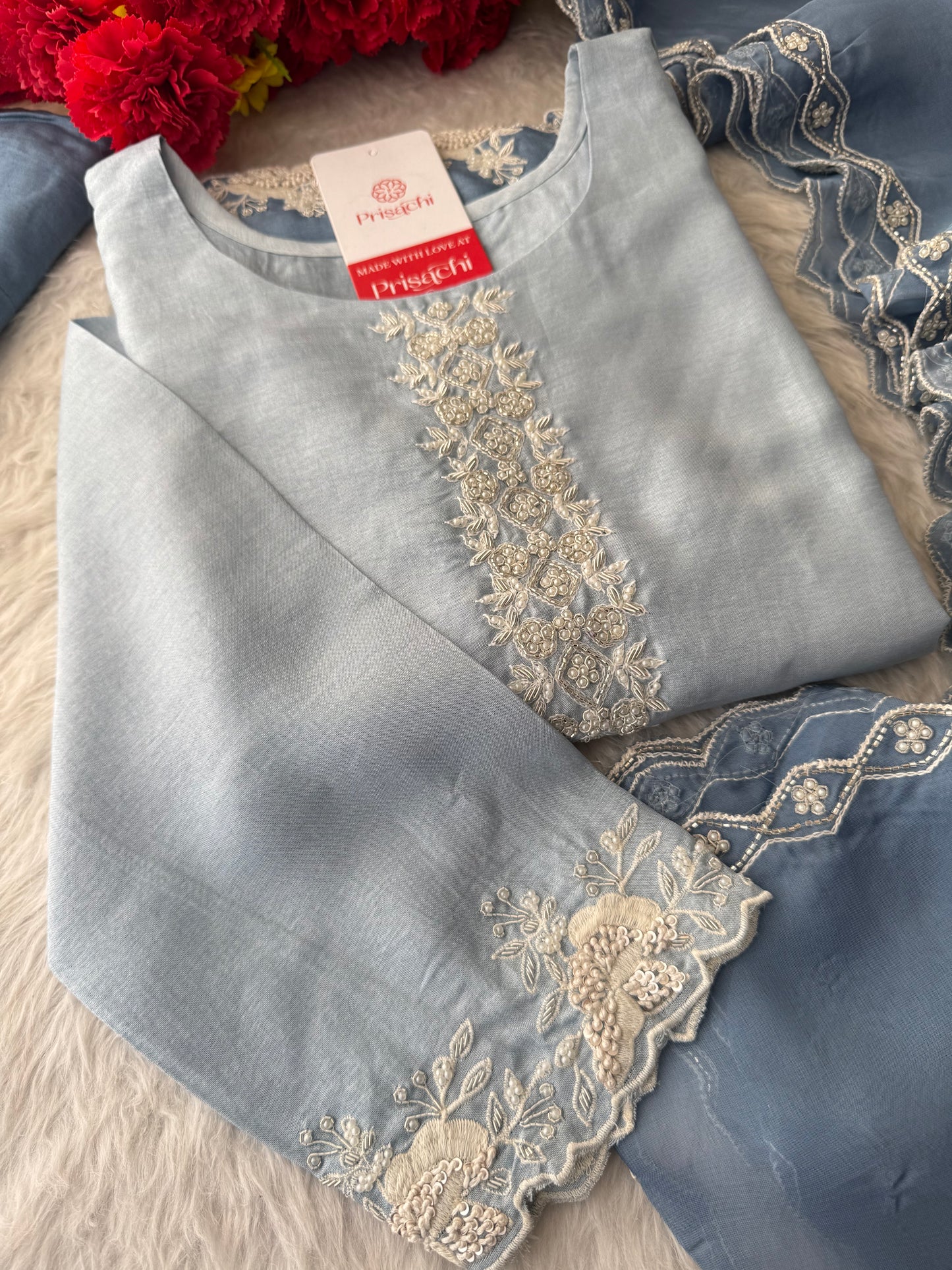 Ombre Sky Blue Thread Embroidered Ethnic Kurta Set for Women with Pants & Dupatta - Prisachi Official