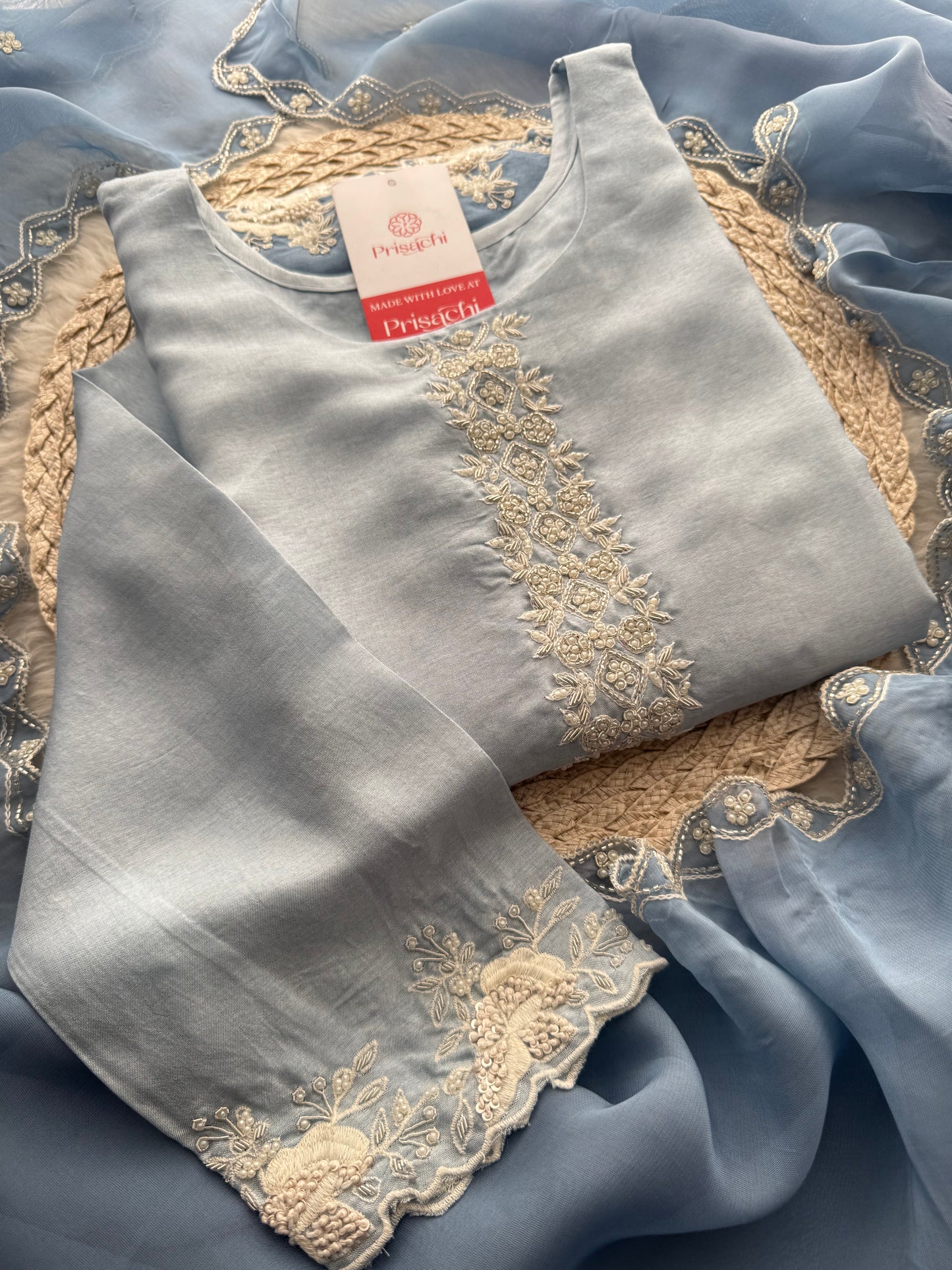 Ombre Sky Blue Thread Embroidered Ethnic Kurta Set for Women with Pants & Dupatta - Prisachi Official