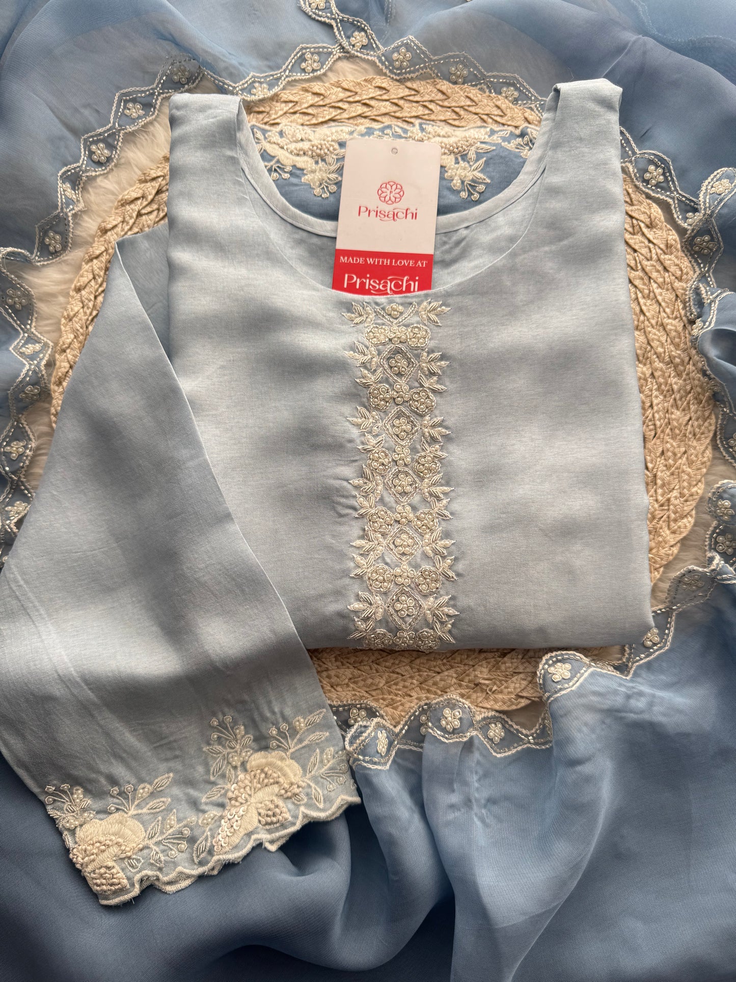 Ombre Sky Blue Thread Embroidered Ethnic Kurta Set for Women with Pants & Dupatta - Prisachi Official