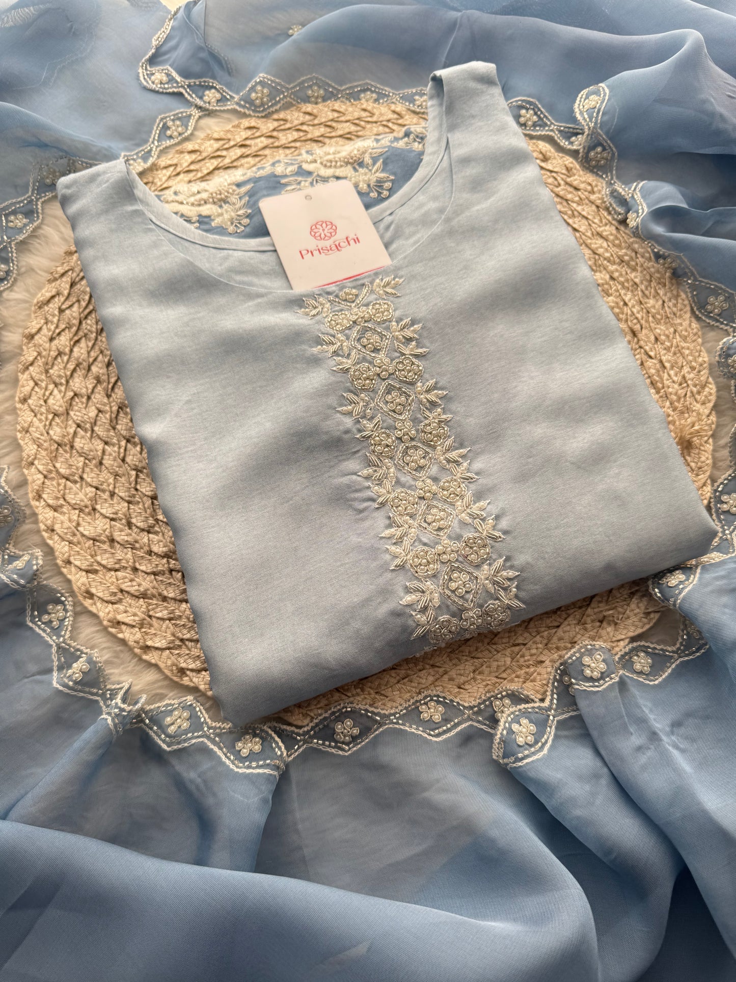 Ombre Sky Blue Thread Embroidered Ethnic Kurta Set for Women with Pants & Dupatta - Prisachi Official