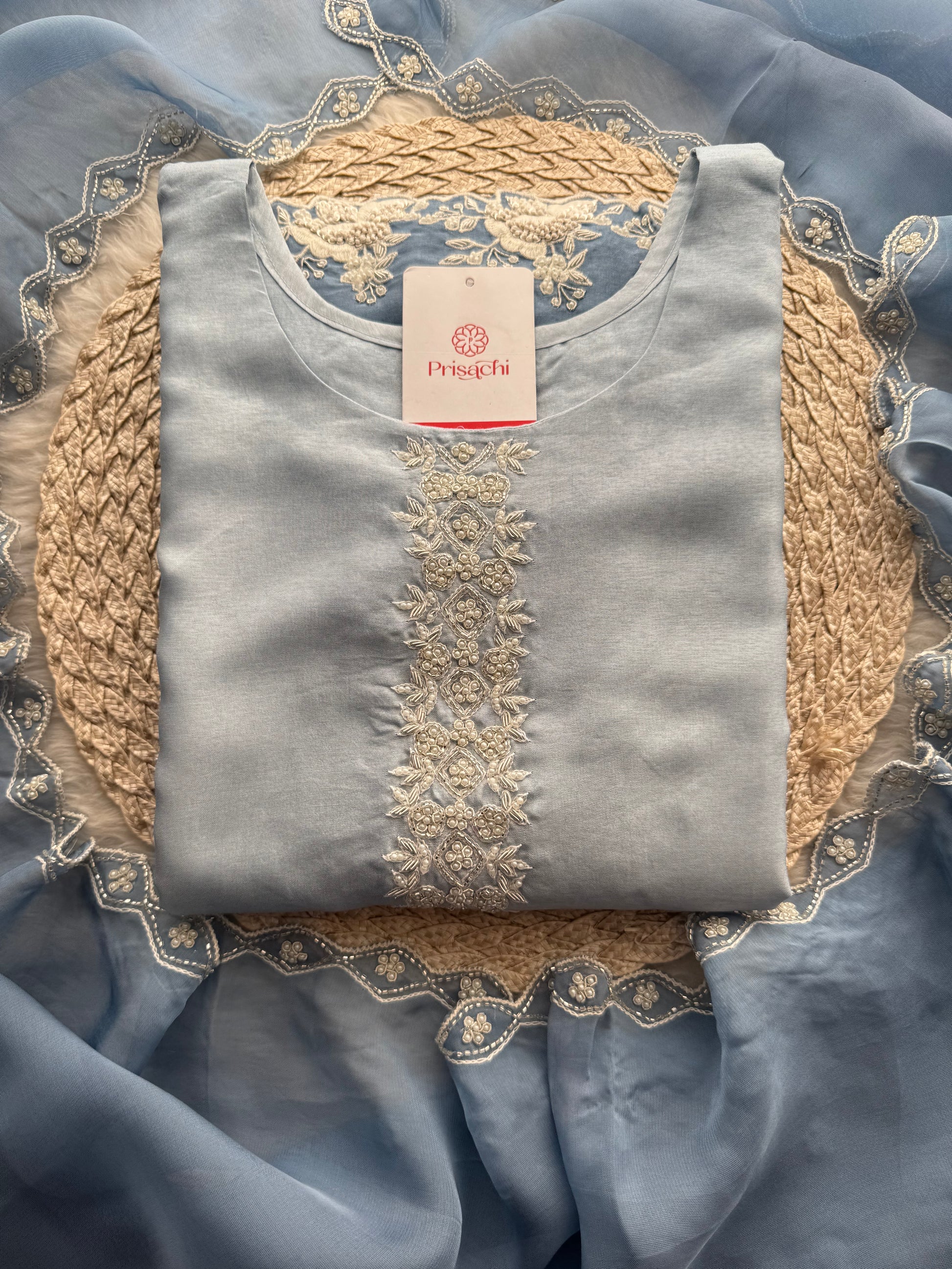 Ombre Sky Blue Thread Embroidered Ethnic Kurta Set for Women with Pants & Dupatta - Prisachi Official
