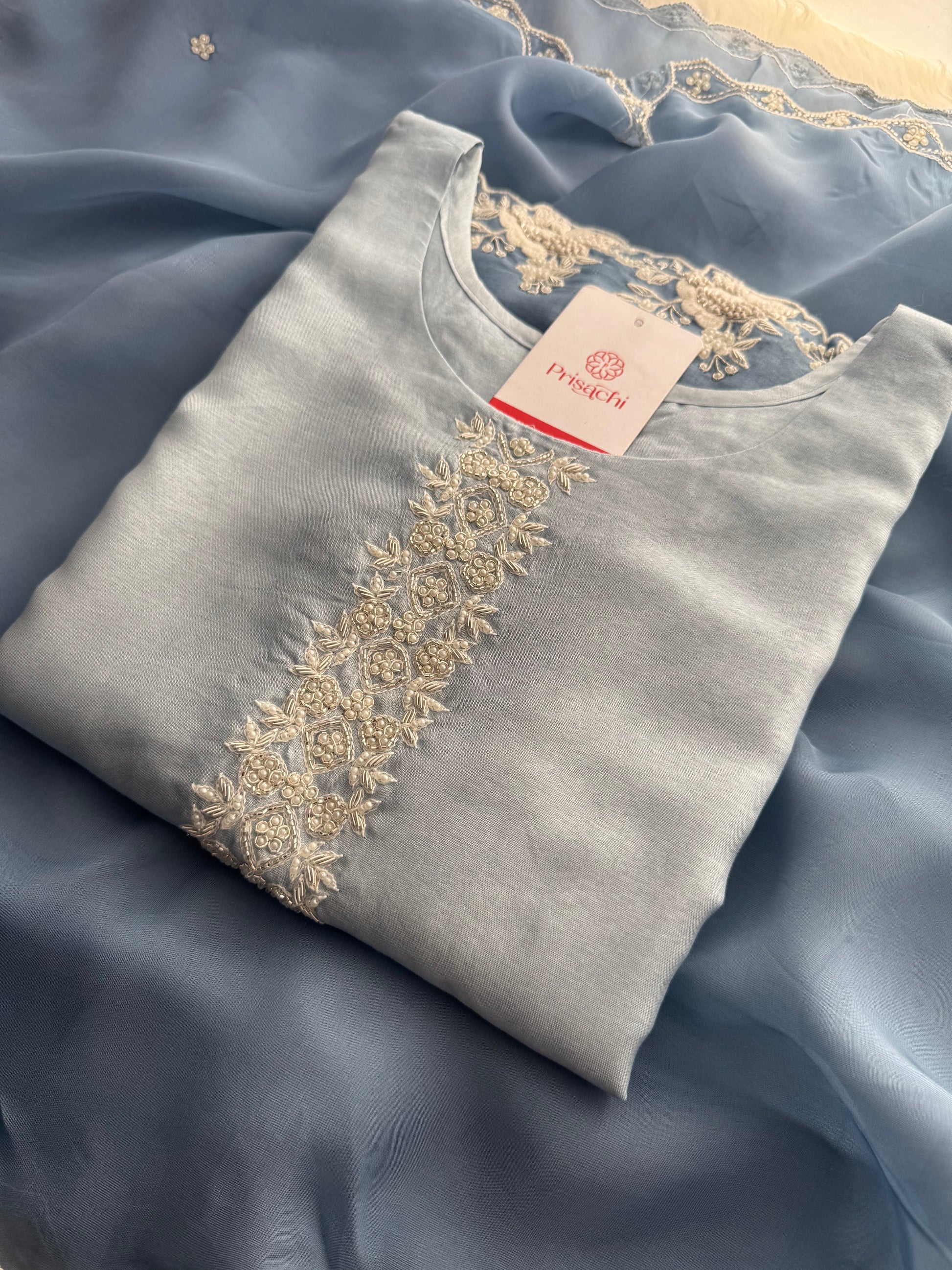 Ombre Sky Blue Thread Embroidered Ethnic Kurta Set for Women with Pants & Dupatta - Prisachi Official